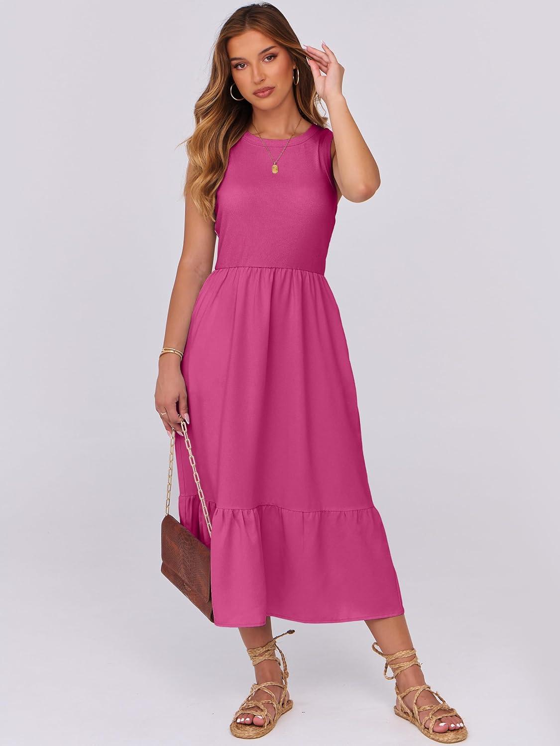 imageANRABESS Women Midi Dresses 2025 Summer Casual Sleeveless Sundress High Neck Tank Top Racerback Flowy Beach Dress PocketsHot Pink