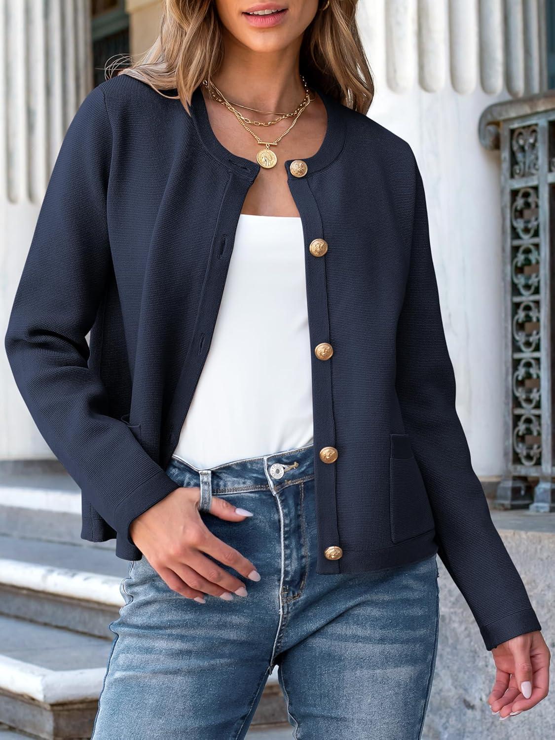 imageANRABESS Women Striped Cardigan Sweaters Button Down Cropped Knit Lady Jackets Coat 2025 Fall Outfits Trendy ClothesNavy Blue