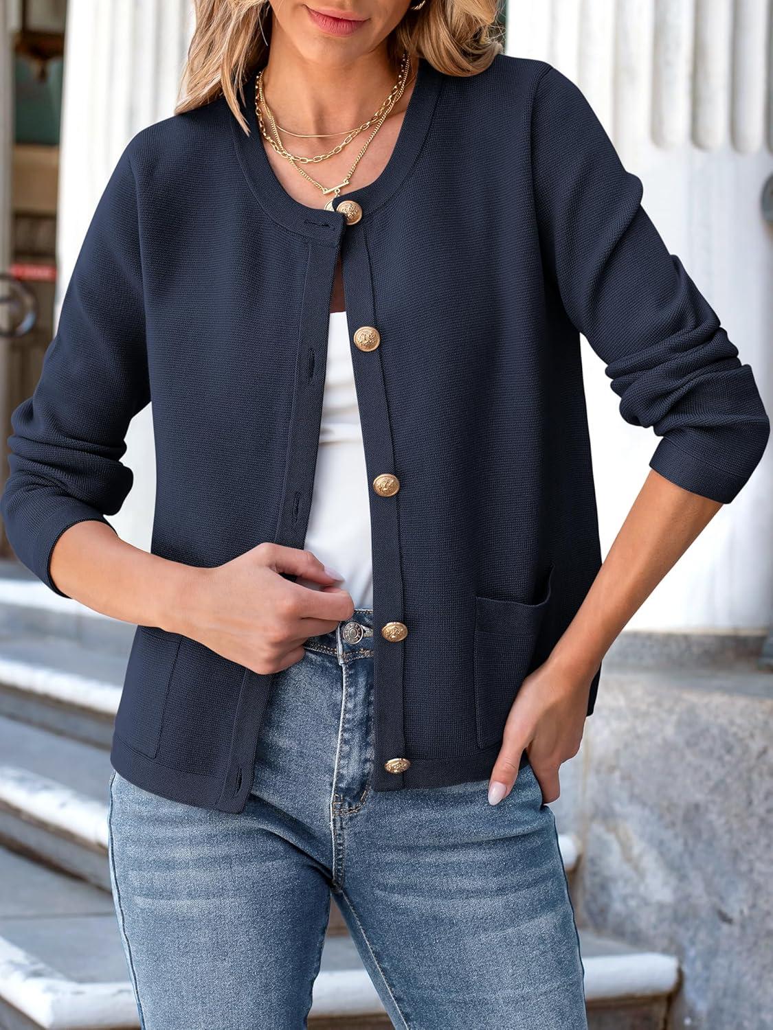 imageANRABESS Women Striped Cardigan Sweaters Button Down Cropped Knit Lady Jackets Coat 2025 Fall Outfits Trendy ClothesNavy Blue