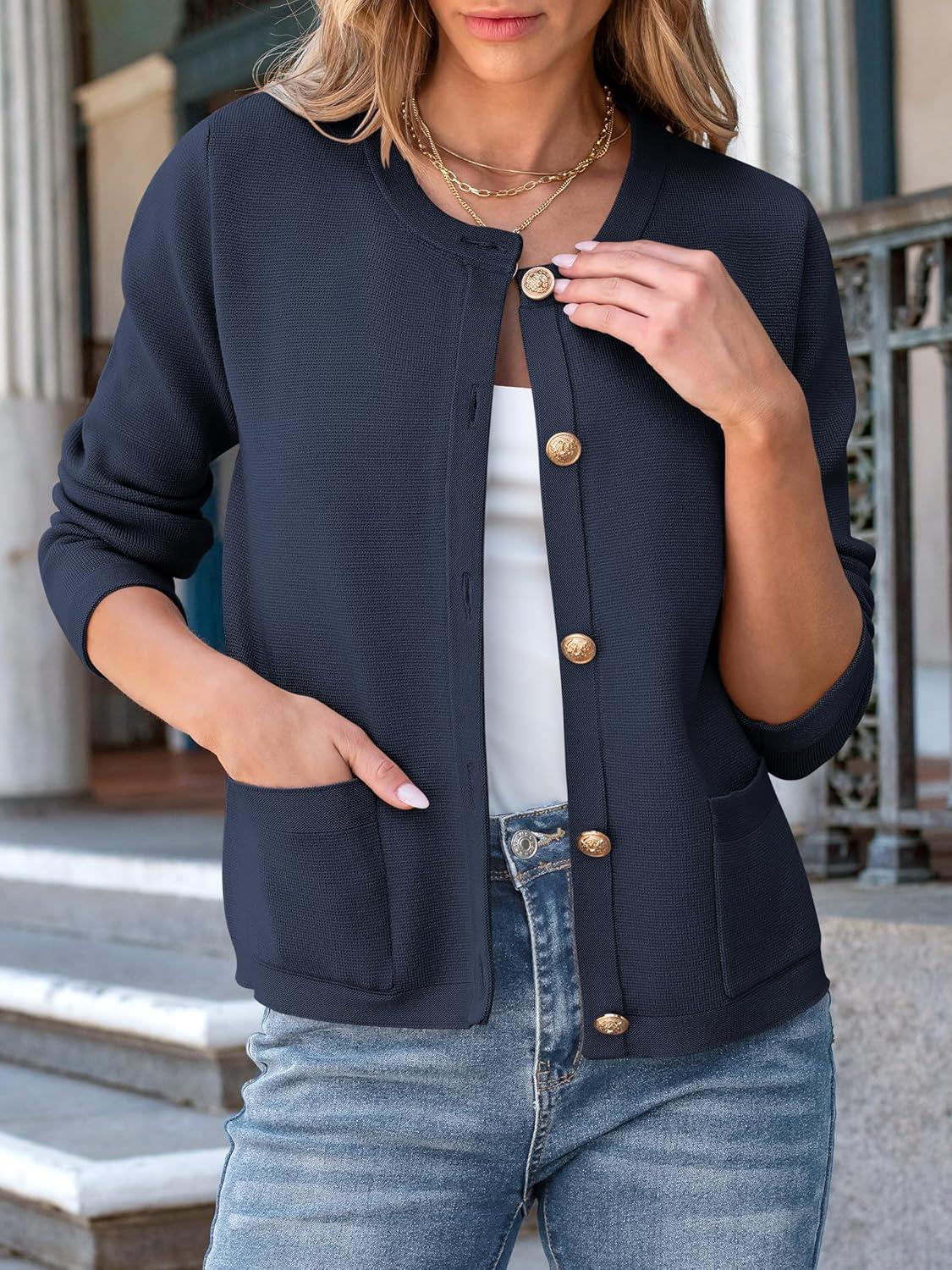 imageANRABESS Women Striped Cardigan Sweaters Button Down Cropped Knit Lady Jackets Coat 2025 Fall Outfits Trendy ClothesNavy Blue