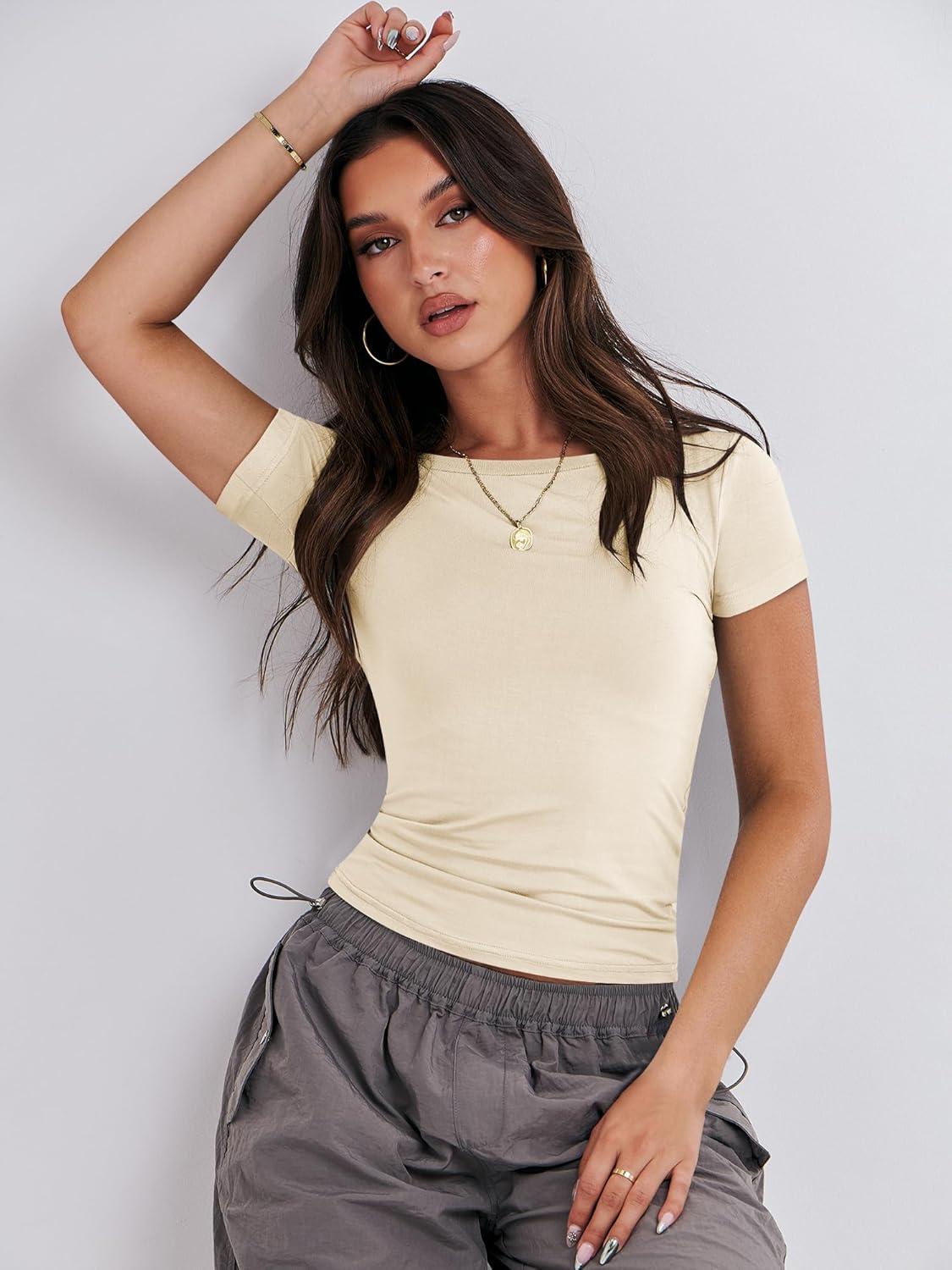 imageANRABESS Womens 3 Pack Short Sleeve Shirts 2025 Crop Tops Tight Fitted Basic Tees Workout T Shirts Y2k Clothes Summer OutfitBlackwhiteapricot