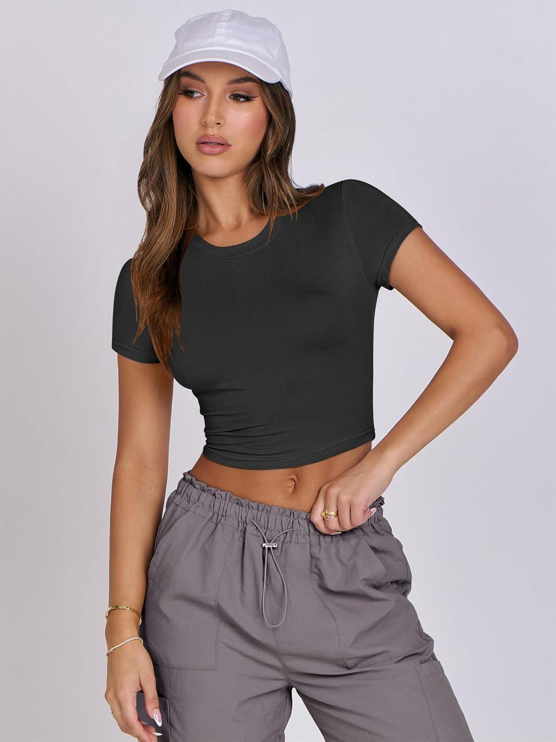 imageANRABESS Womens Basic Tee Summer Outfits Crewneck Short Sleeve Crop Tops Slim Fitted T Shirts Y2k 2025 Trendy ClothingBlack