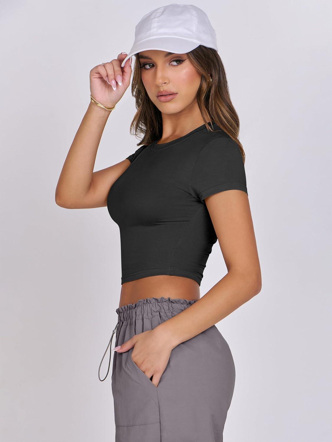 imageANRABESS Womens Basic Tee Summer Outfits Crewneck Short Sleeve Crop Tops Slim Fitted T Shirts Y2k 2025 Trendy ClothingBlack