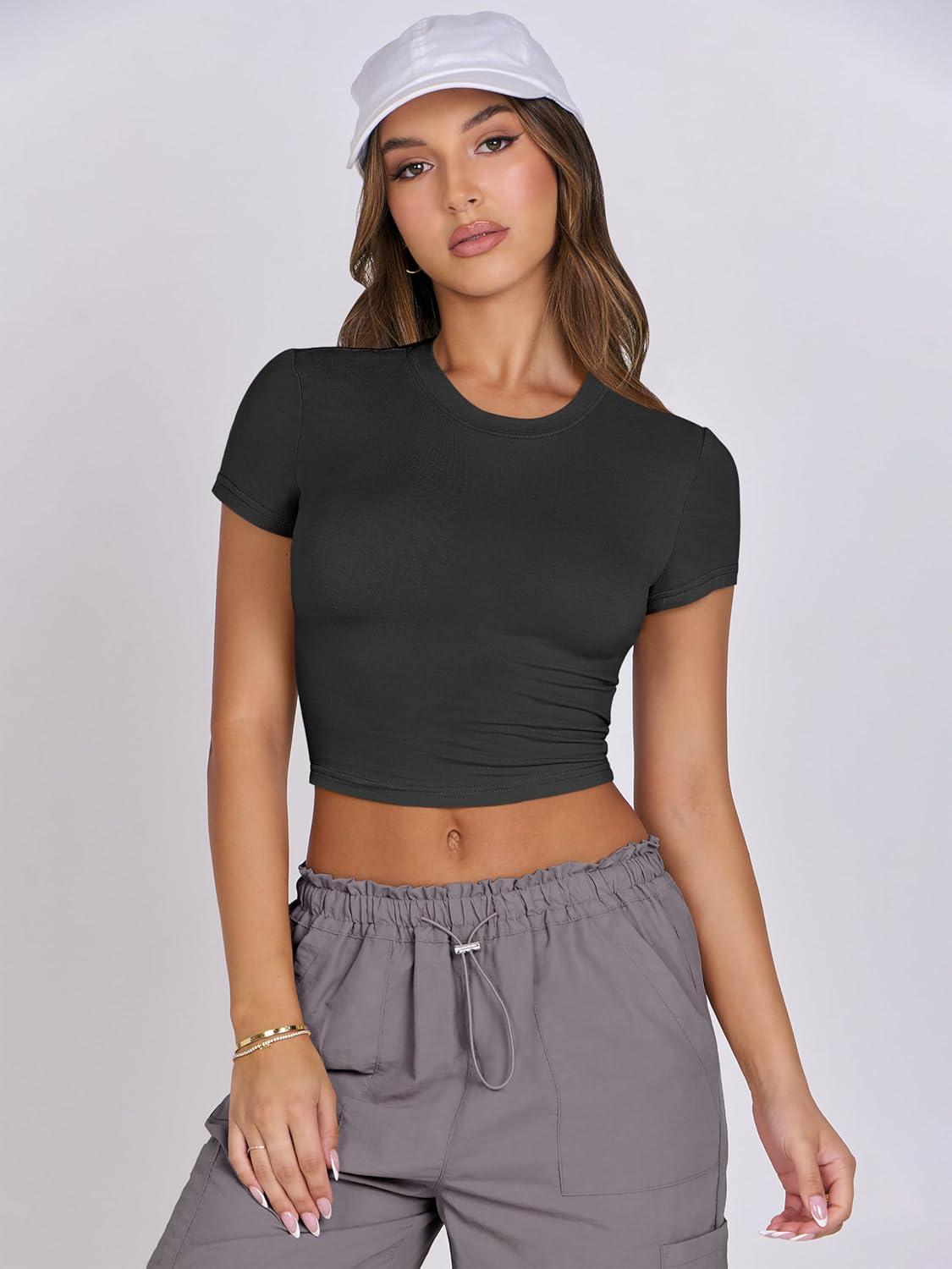 imageANRABESS Womens Basic Tee Summer Outfits Crewneck Short Sleeve Crop Tops Slim Fitted T Shirts Y2k 2025 Trendy ClothingBlack