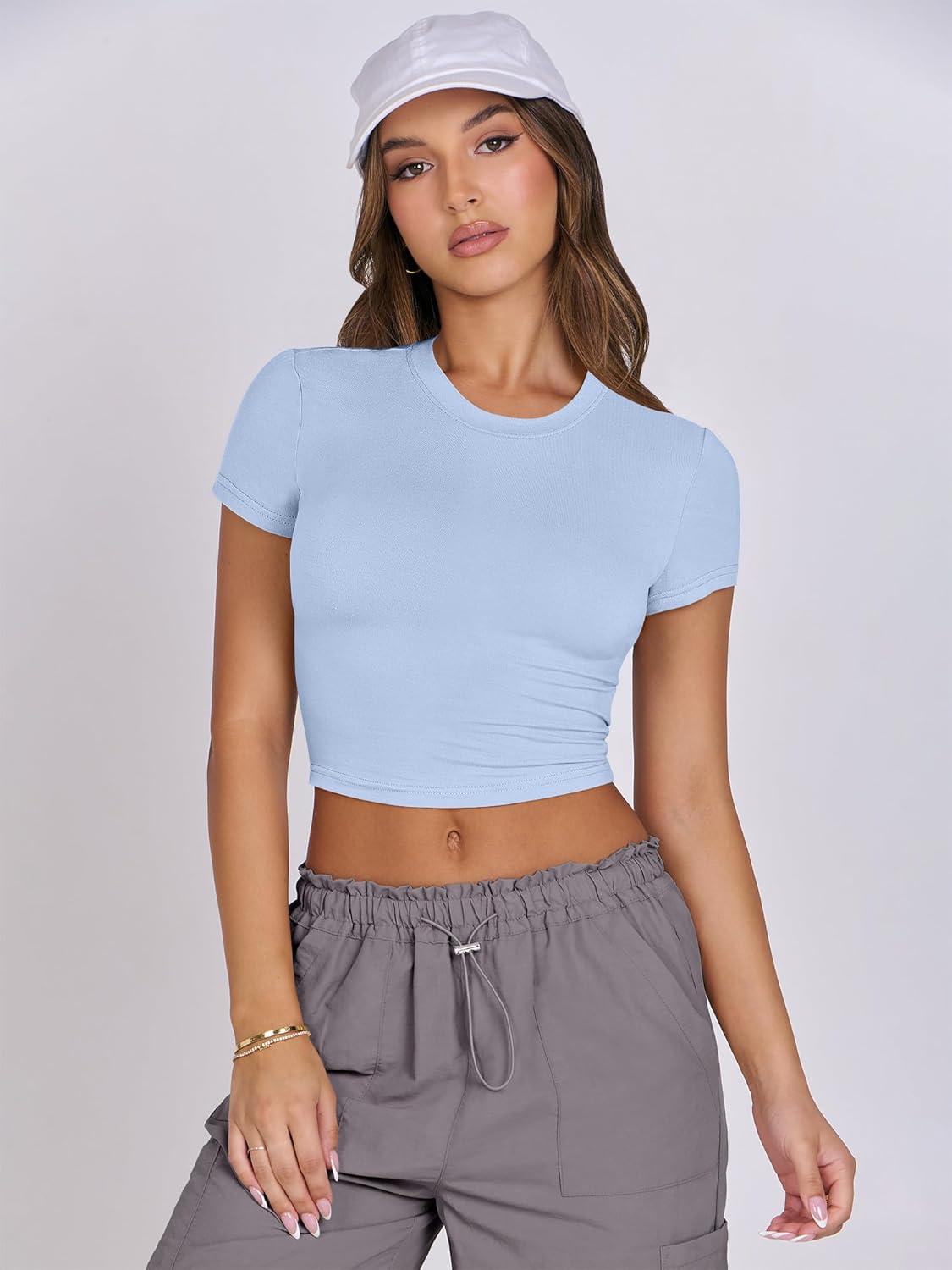 imageANRABESS Womens Basic Tee Summer Outfits Crewneck Short Sleeve Crop Tops Slim Fitted T Shirts Y2k 2025 Trendy ClothingBlue Grey
