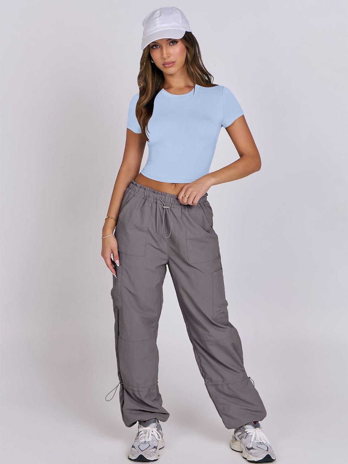 imageANRABESS Womens Basic Tee Summer Outfits Crewneck Short Sleeve Crop Tops Slim Fitted T Shirts Y2k 2025 Trendy ClothingBlue Grey