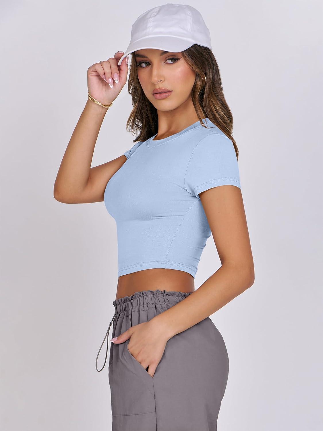 imageANRABESS Womens Basic Tee Summer Outfits Crewneck Short Sleeve Crop Tops Slim Fitted T Shirts Y2k 2025 Trendy ClothingBlue Grey