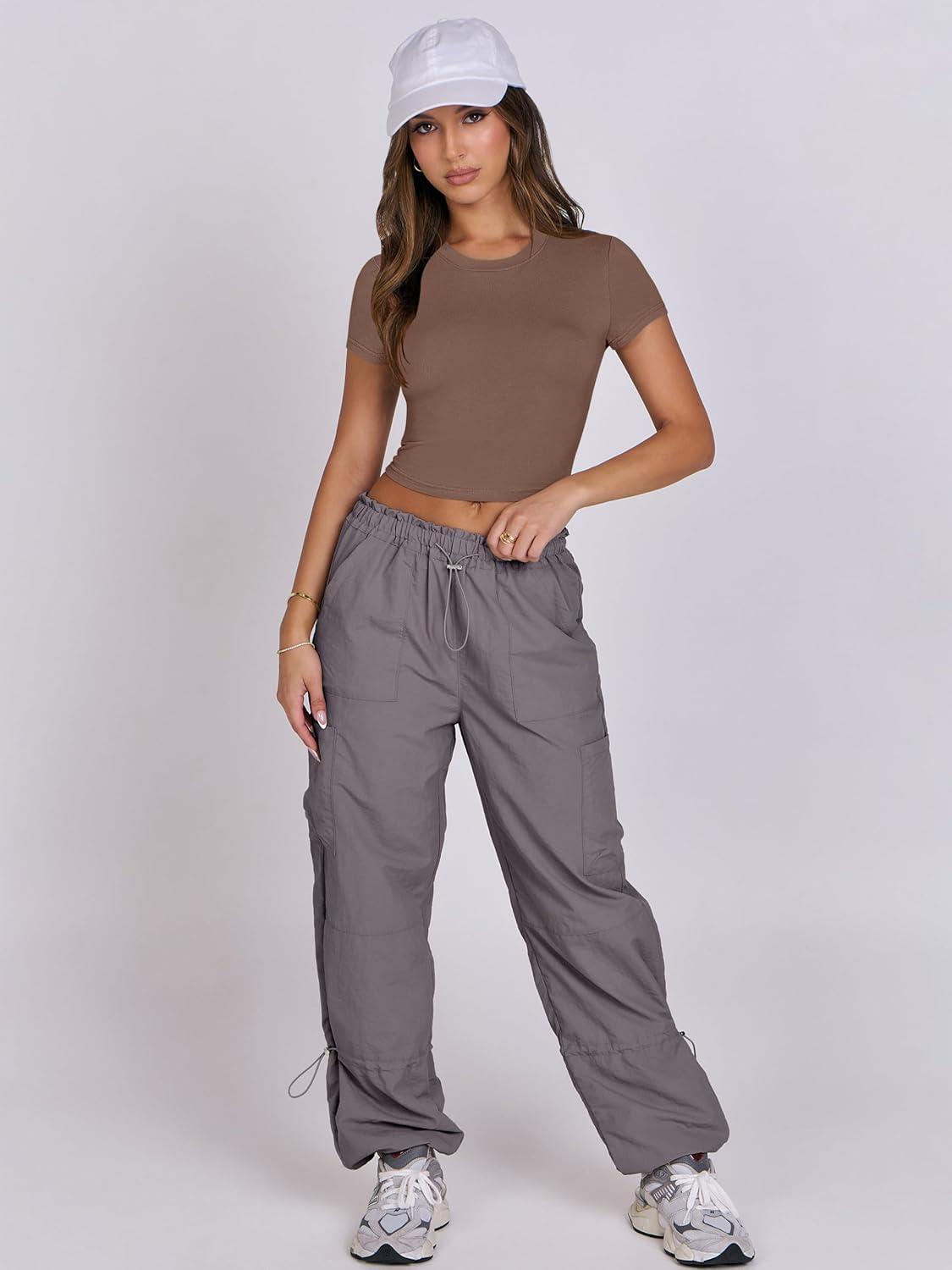 imageANRABESS Womens Basic Tee Summer Outfits Crewneck Short Sleeve Crop Tops Slim Fitted T Shirts Y2k 2025 Trendy ClothingBrown