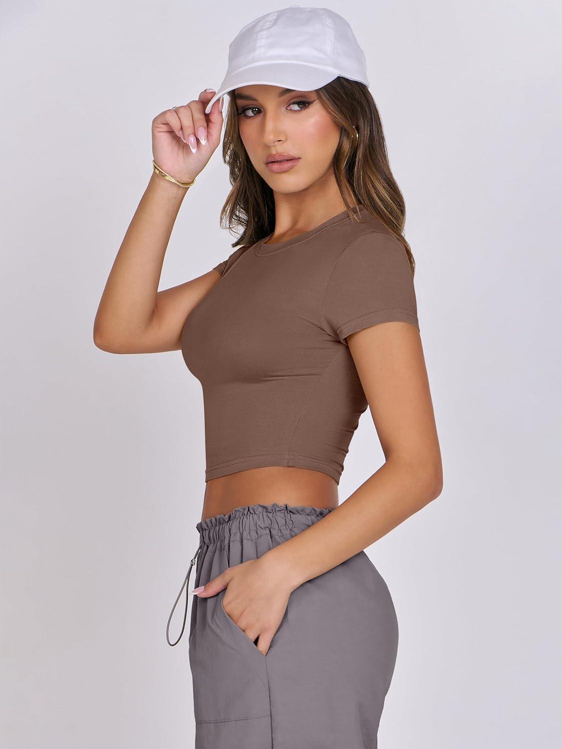 imageANRABESS Womens Basic Tee Summer Outfits Crewneck Short Sleeve Crop Tops Slim Fitted T Shirts Y2k 2025 Trendy ClothingBrown