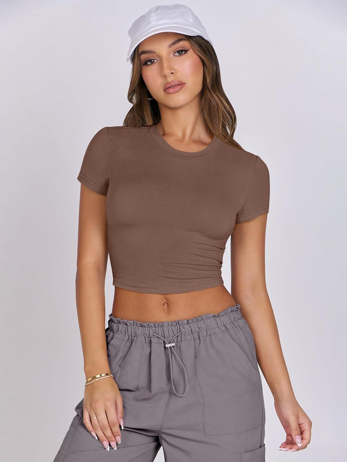 imageANRABESS Womens Basic Tee Summer Outfits Crewneck Short Sleeve Crop Tops Slim Fitted T Shirts Y2k 2025 Trendy ClothingBrown