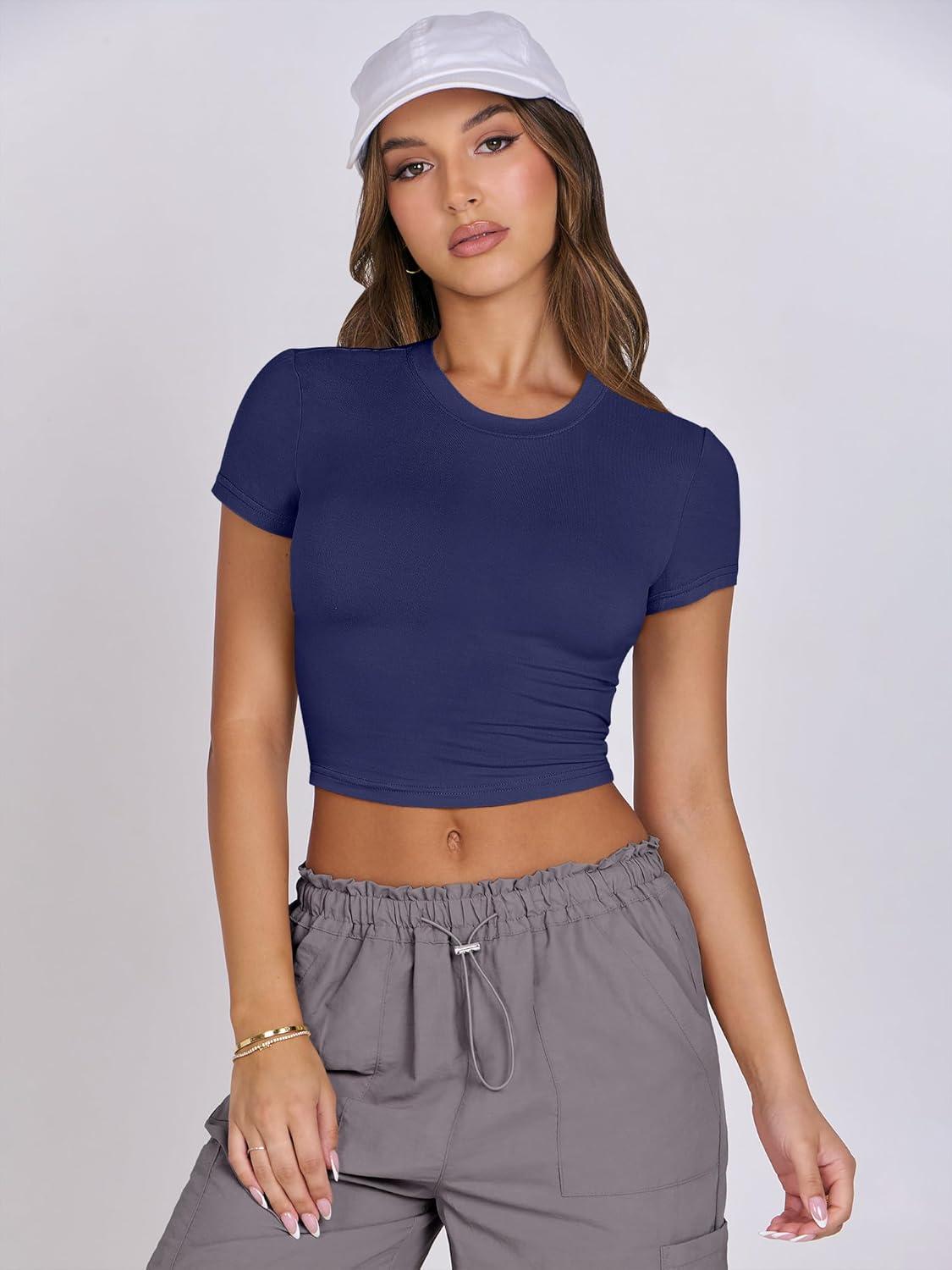 imageANRABESS Womens Basic Tee Summer Outfits Crewneck Short Sleeve Crop Tops Slim Fitted T Shirts Y2k 2025 Trendy ClothingDark Blue