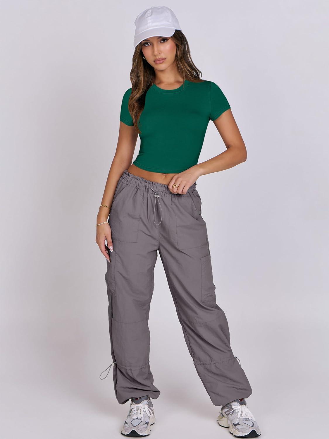 imageANRABESS Womens Basic Tee Summer Outfits Crewneck Short Sleeve Crop Tops Slim Fitted T Shirts Y2k 2025 Trendy ClothingGreen