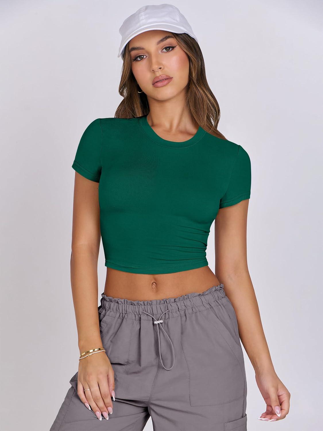 imageANRABESS Womens Basic Tee Summer Outfits Crewneck Short Sleeve Crop Tops Slim Fitted T Shirts Y2k 2025 Trendy ClothingGreen