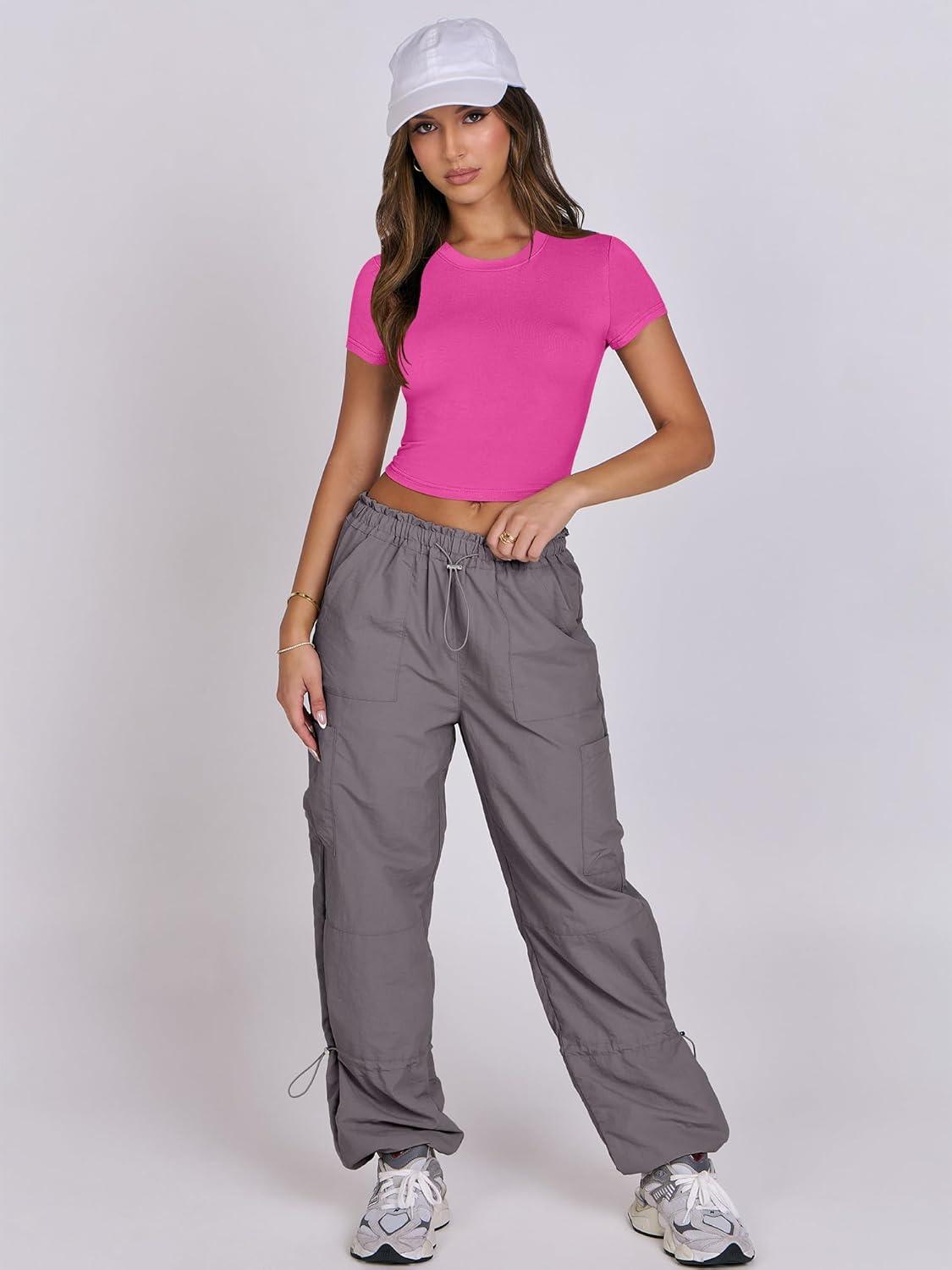 imageANRABESS Womens Basic Tee Summer Outfits Crewneck Short Sleeve Crop Tops Slim Fitted T Shirts Y2k 2025 Trendy ClothingHot Pink