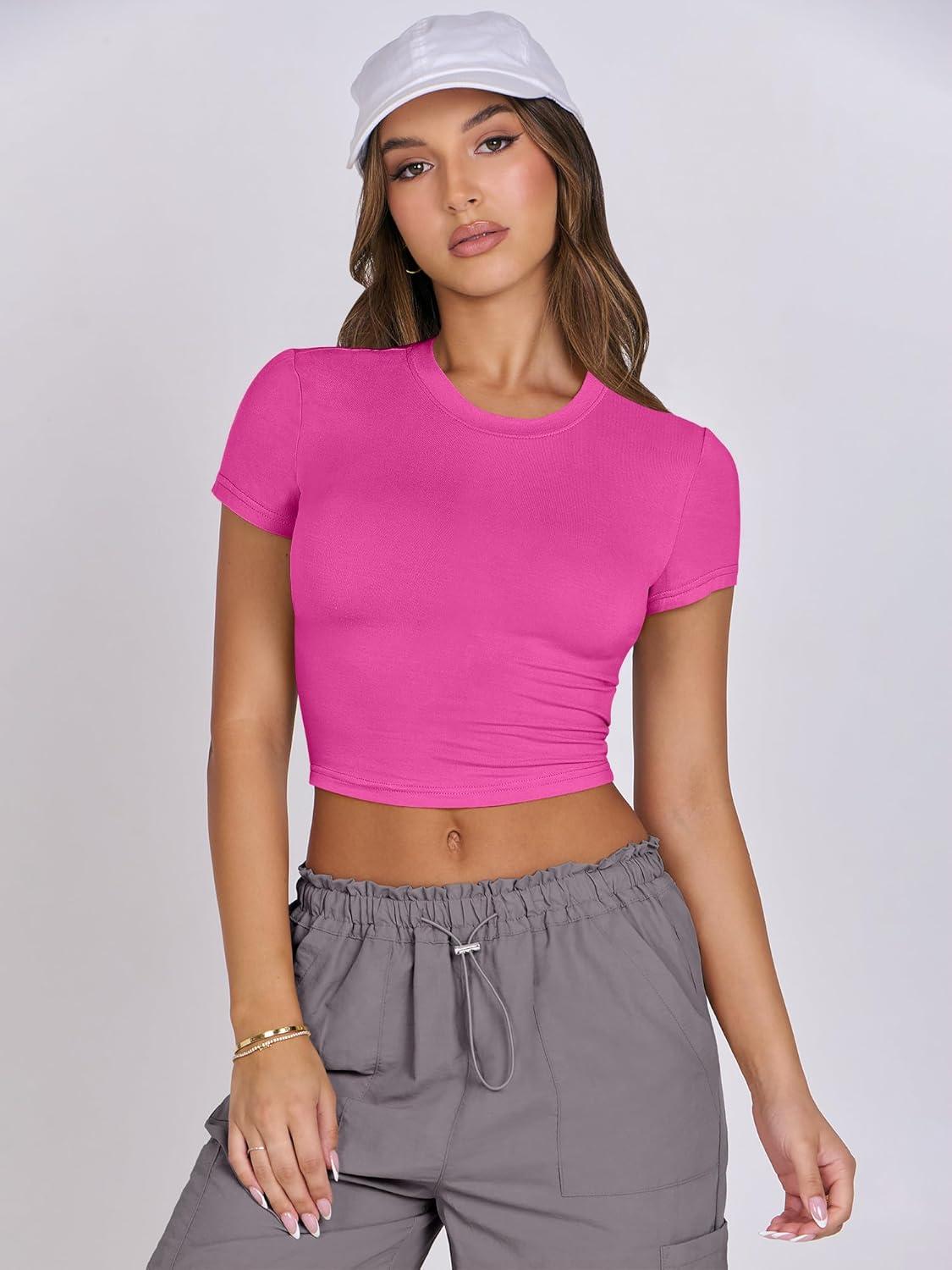 imageANRABESS Womens Basic Tee Summer Outfits Crewneck Short Sleeve Crop Tops Slim Fitted T Shirts Y2k 2025 Trendy ClothingHot Pink