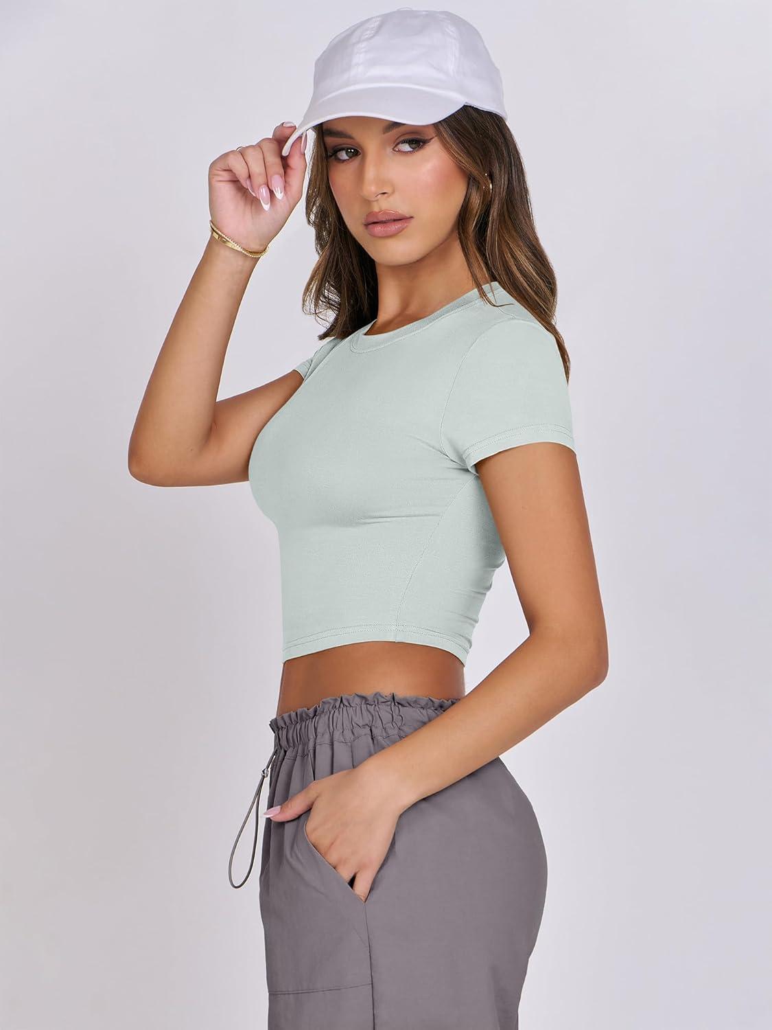 imageANRABESS Womens Basic Tee Summer Outfits Crewneck Short Sleeve Crop Tops Slim Fitted T Shirts Y2k 2025 Trendy ClothingLight Green