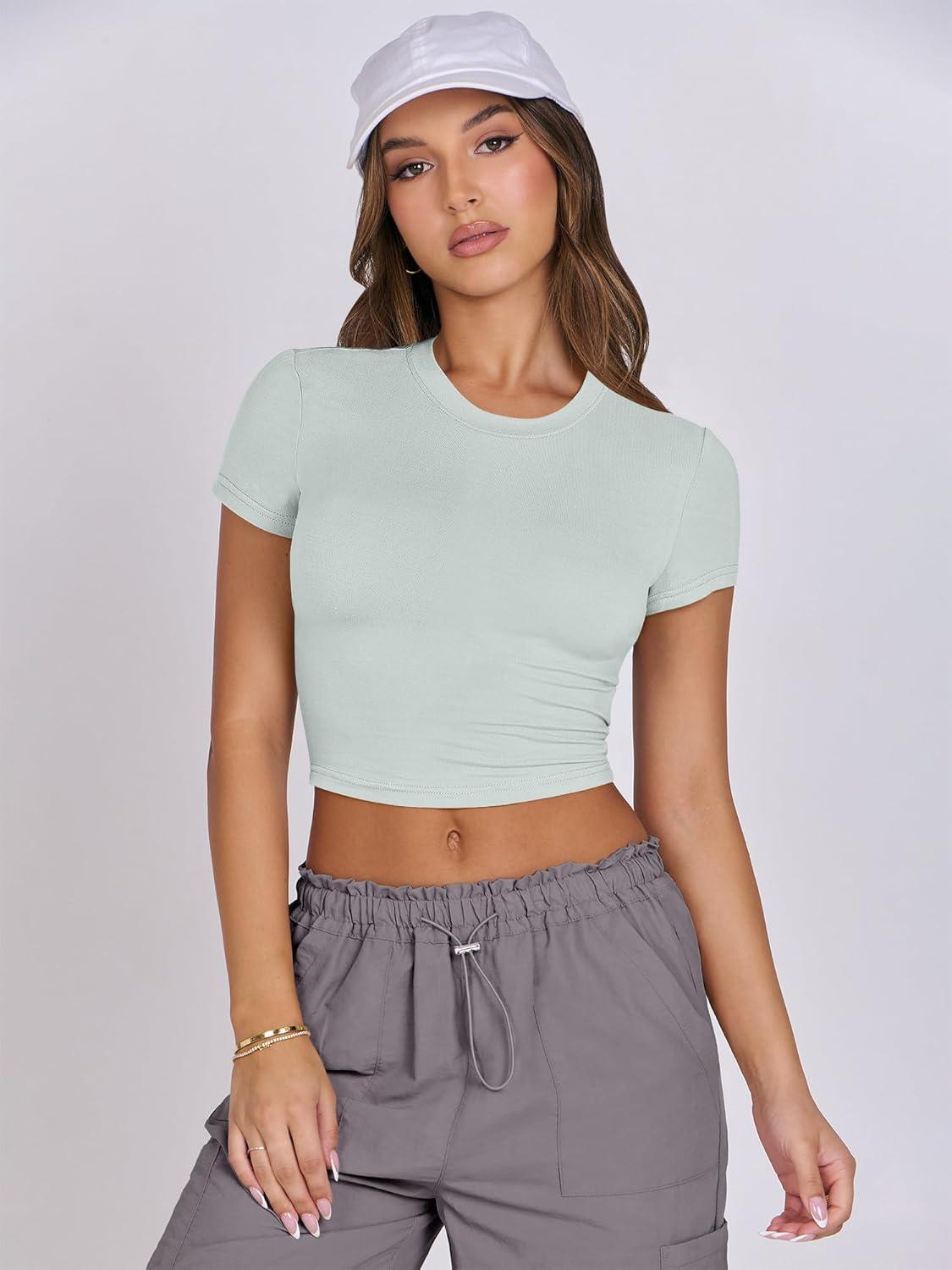 imageANRABESS Womens Basic Tee Summer Outfits Crewneck Short Sleeve Crop Tops Slim Fitted T Shirts Y2k 2025 Trendy ClothingLight Green