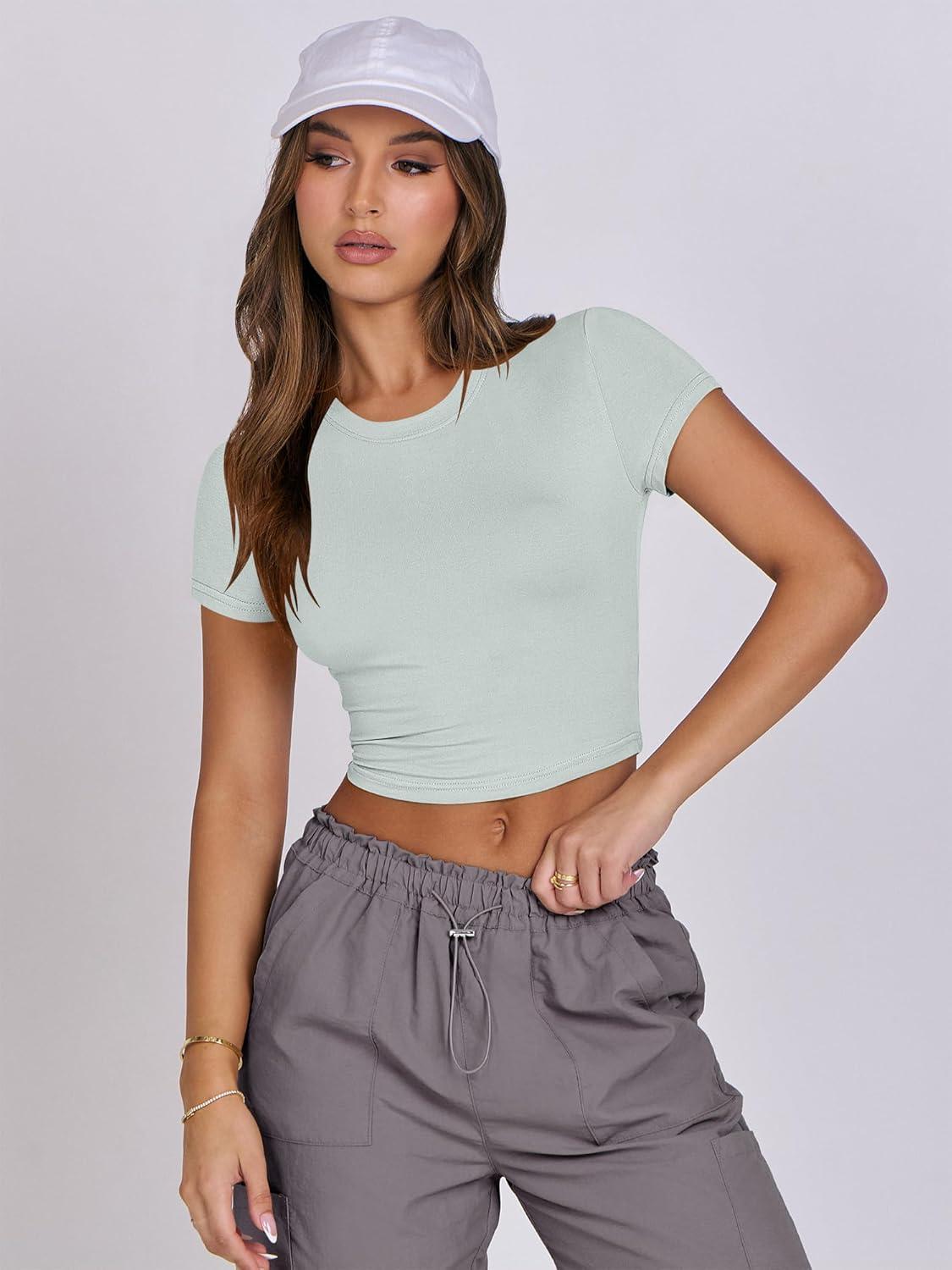 imageANRABESS Womens Basic Tee Summer Outfits Crewneck Short Sleeve Crop Tops Slim Fitted T Shirts Y2k 2025 Trendy ClothingLight Green