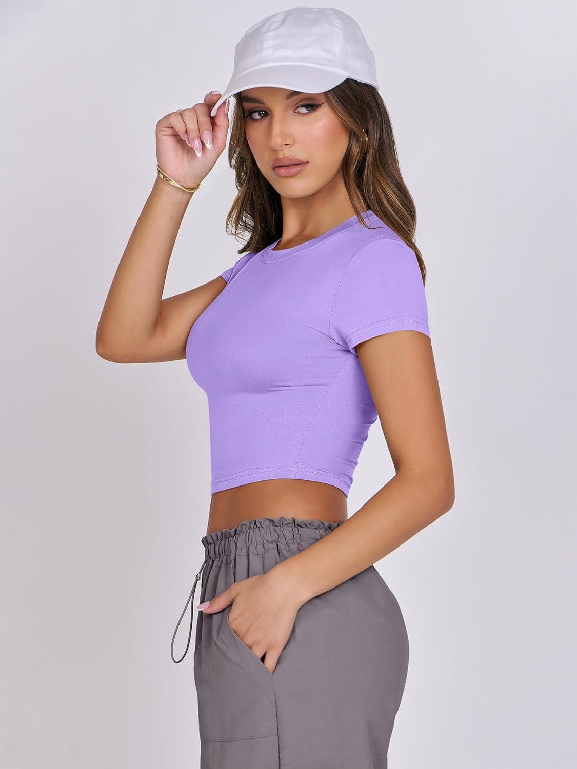 imageANRABESS Womens Basic Tee Summer Outfits Crewneck Short Sleeve Crop Tops Slim Fitted T Shirts Y2k 2025 Trendy ClothingLight Purple