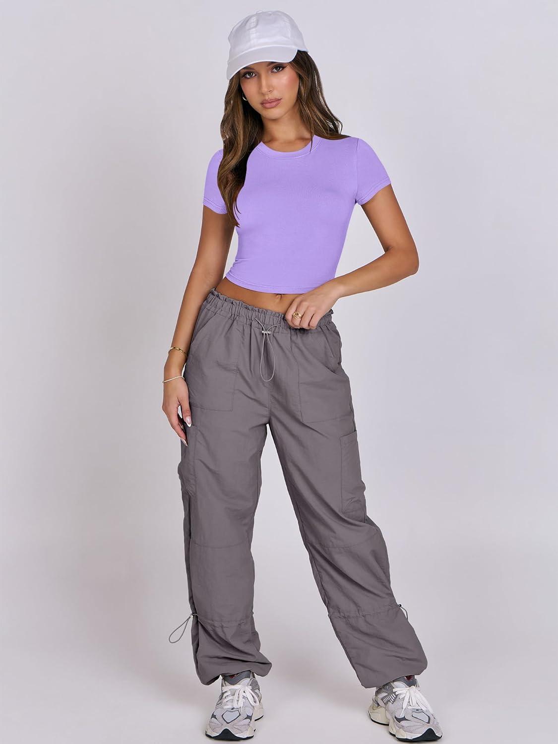 imageANRABESS Womens Basic Tee Summer Outfits Crewneck Short Sleeve Crop Tops Slim Fitted T Shirts Y2k 2025 Trendy ClothingLight Purple