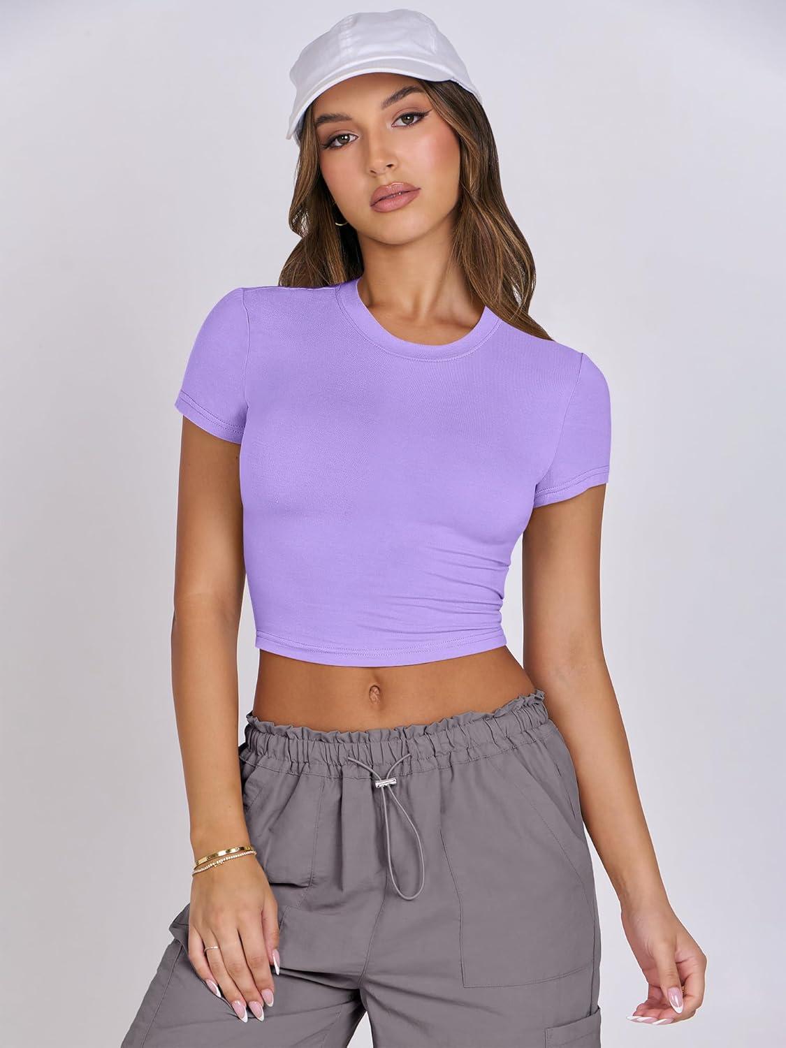 imageANRABESS Womens Basic Tee Summer Outfits Crewneck Short Sleeve Crop Tops Slim Fitted T Shirts Y2k 2025 Trendy ClothingLight Purple