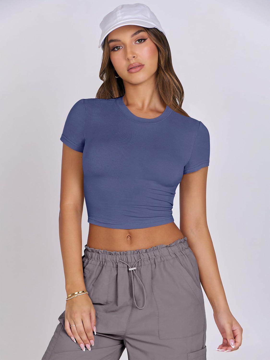 imageANRABESS Womens Basic Tee Summer Outfits Crewneck Short Sleeve Crop Tops Slim Fitted T Shirts Y2k 2025 Trendy ClothingNavy Blue