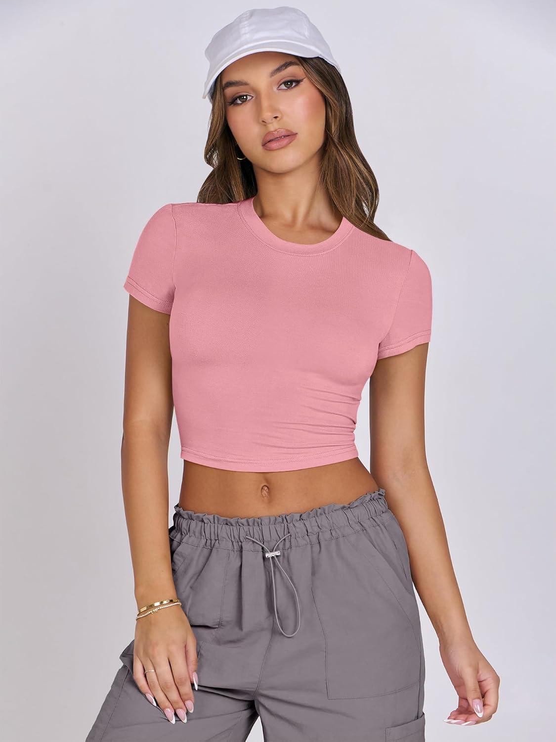 imageANRABESS Womens Basic Tee Summer Outfits Crewneck Short Sleeve Crop Tops Slim Fitted T Shirts Y2k 2025 Trendy ClothingPink