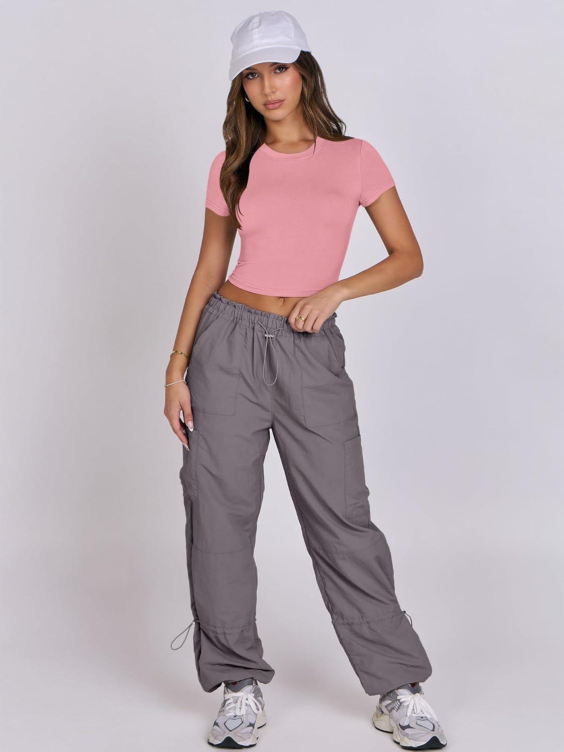 imageANRABESS Womens Basic Tee Summer Outfits Crewneck Short Sleeve Crop Tops Slim Fitted T Shirts Y2k 2025 Trendy ClothingPink