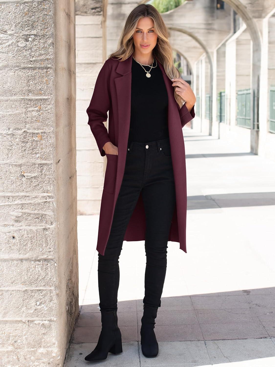 imageANRABESS Womens Cardigan Sweater 2025 Fall Outfits Knitted Lapel Long Coats CoatigansMaroon