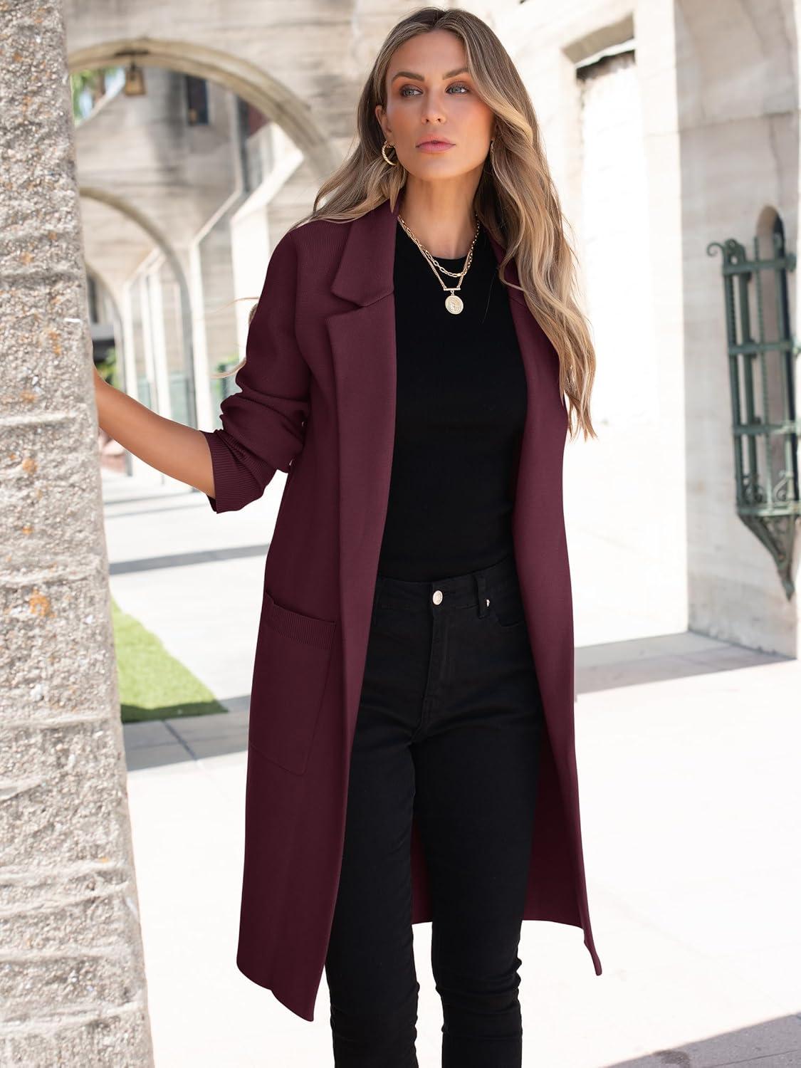 imageANRABESS Womens Cardigan Sweater 2025 Fall Outfits Knitted Lapel Long Coats CoatigansMaroon