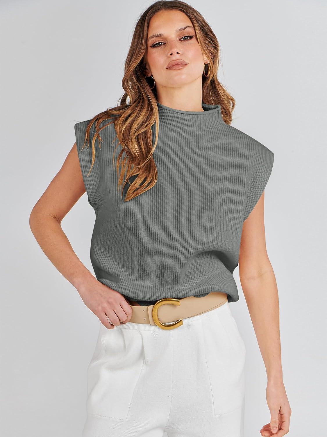 imageANRABESS Womens Mock Neck Sleeveless Sweater Vest Casual Cap Sleeve Knit Pullover Tank Tops 2025 Fall ClothesArmy Green