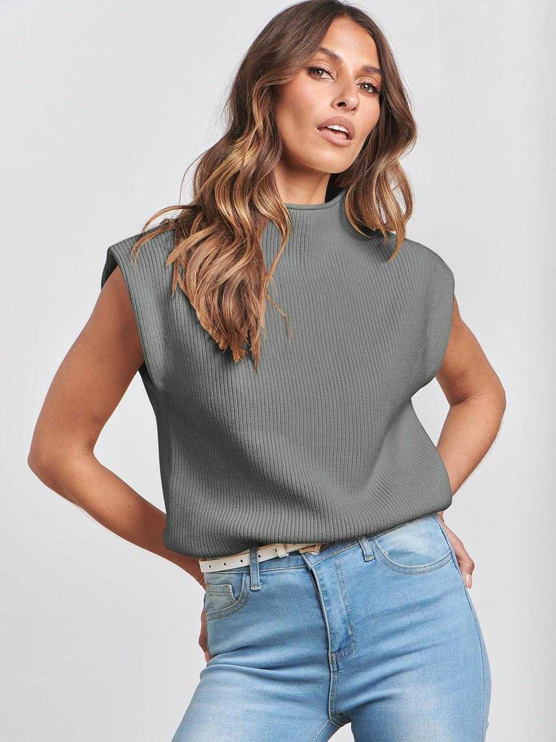 imageANRABESS Womens Mock Neck Sleeveless Sweater Vest Casual Cap Sleeve Knit Pullover Tank Tops 2025 Fall ClothesArmy Green