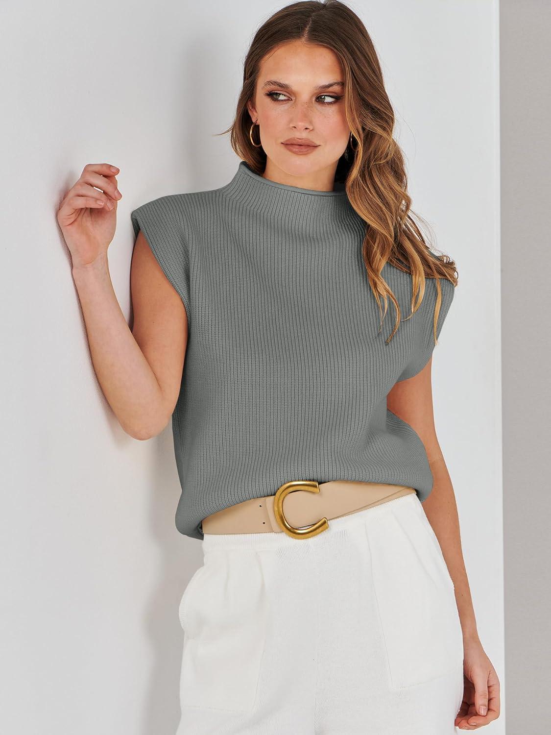 imageANRABESS Womens Mock Neck Sleeveless Sweater Vest Casual Cap Sleeve Knit Pullover Tank Tops 2025 Fall ClothesArmy Green