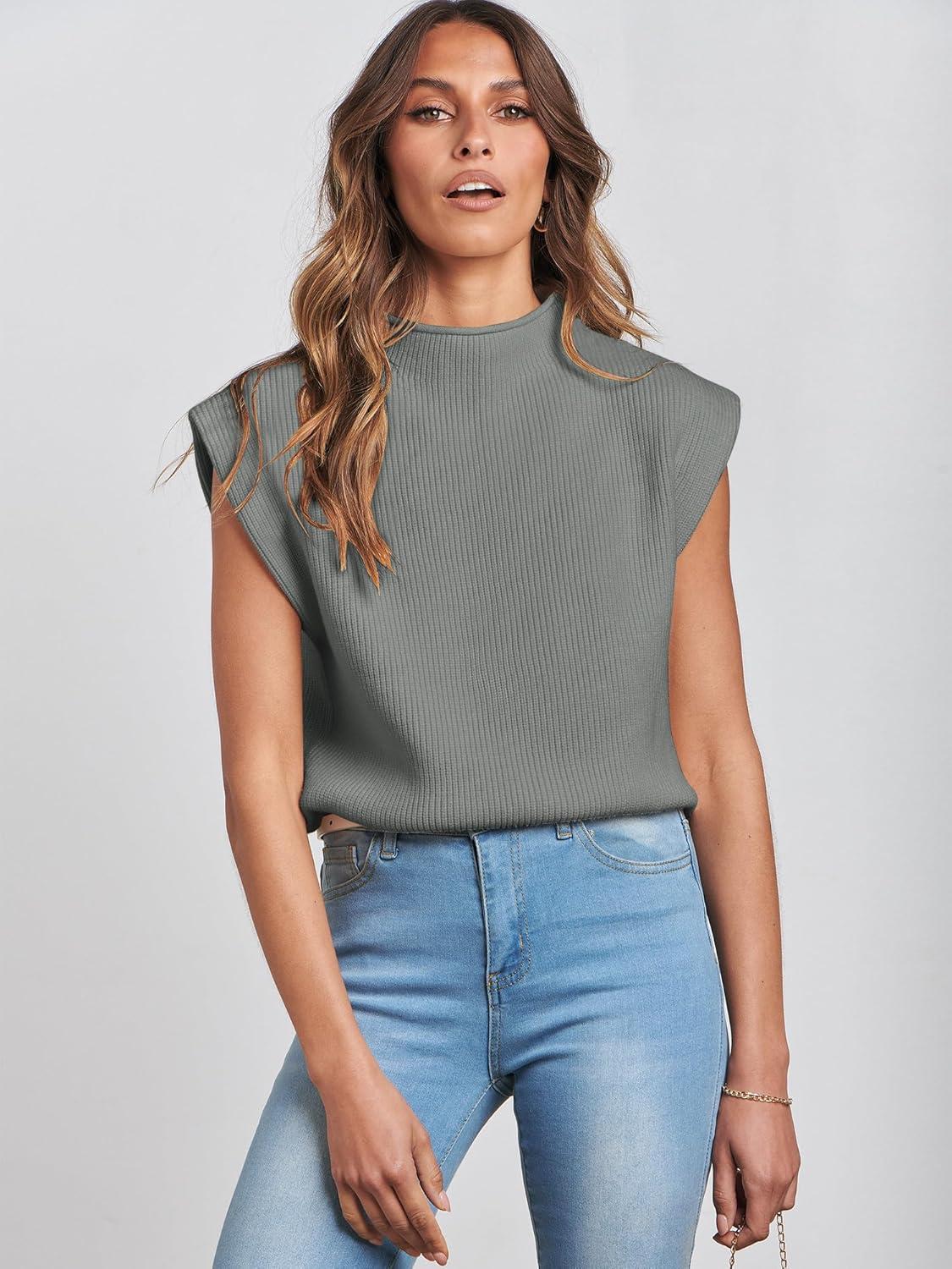 imageANRABESS Womens Mock Neck Sleeveless Sweater Vest Casual Cap Sleeve Knit Pullover Tank Tops 2025 Fall ClothesArmy Green