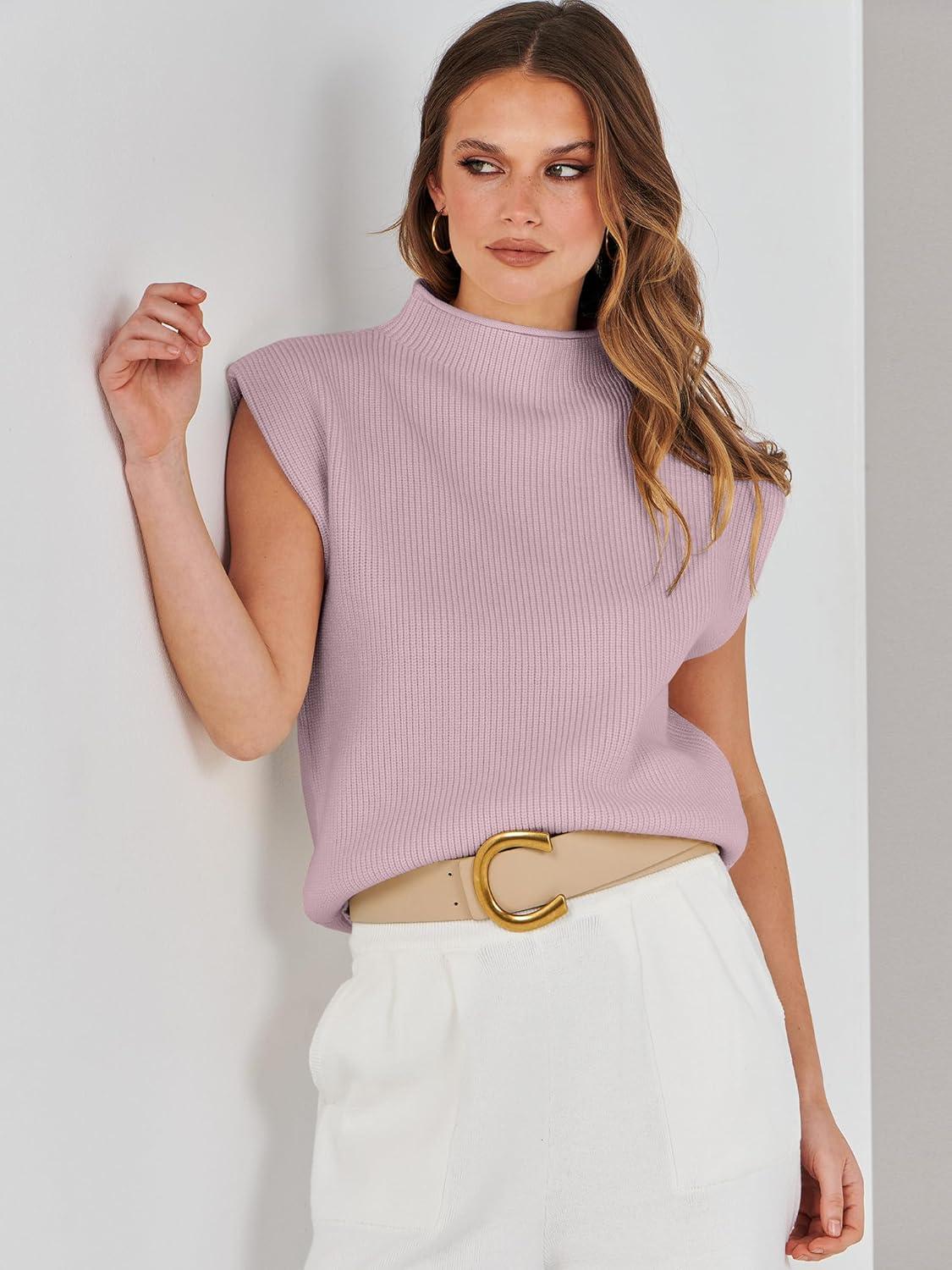 imageANRABESS Womens Mock Neck Sleeveless Sweater Vest Casual Cap Sleeve Knit Pullover Tank Tops 2025 Fall ClothesLight Pink