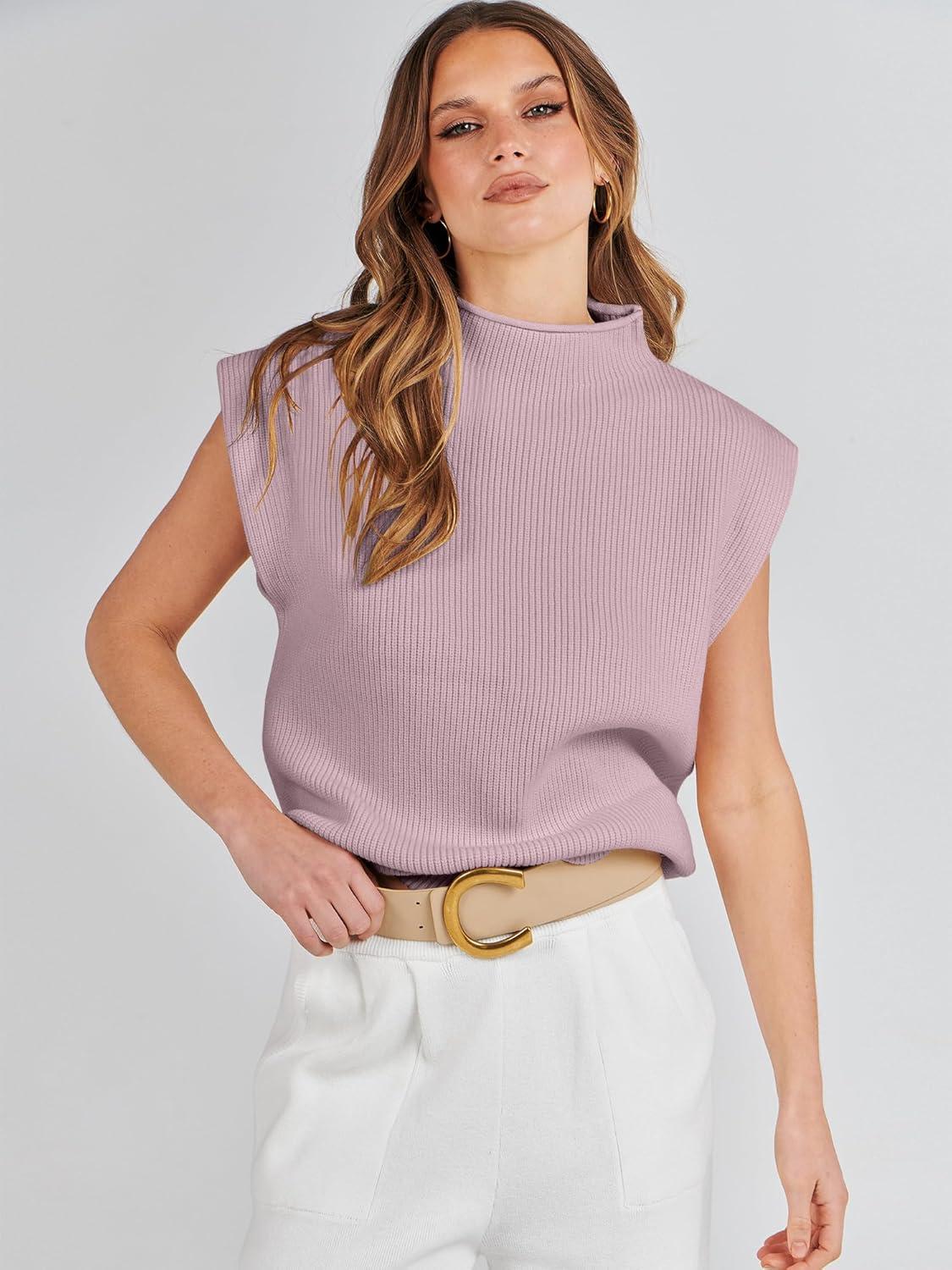 imageANRABESS Womens Mock Neck Sleeveless Sweater Vest Casual Cap Sleeve Knit Pullover Tank Tops 2025 Fall ClothesLight Pink