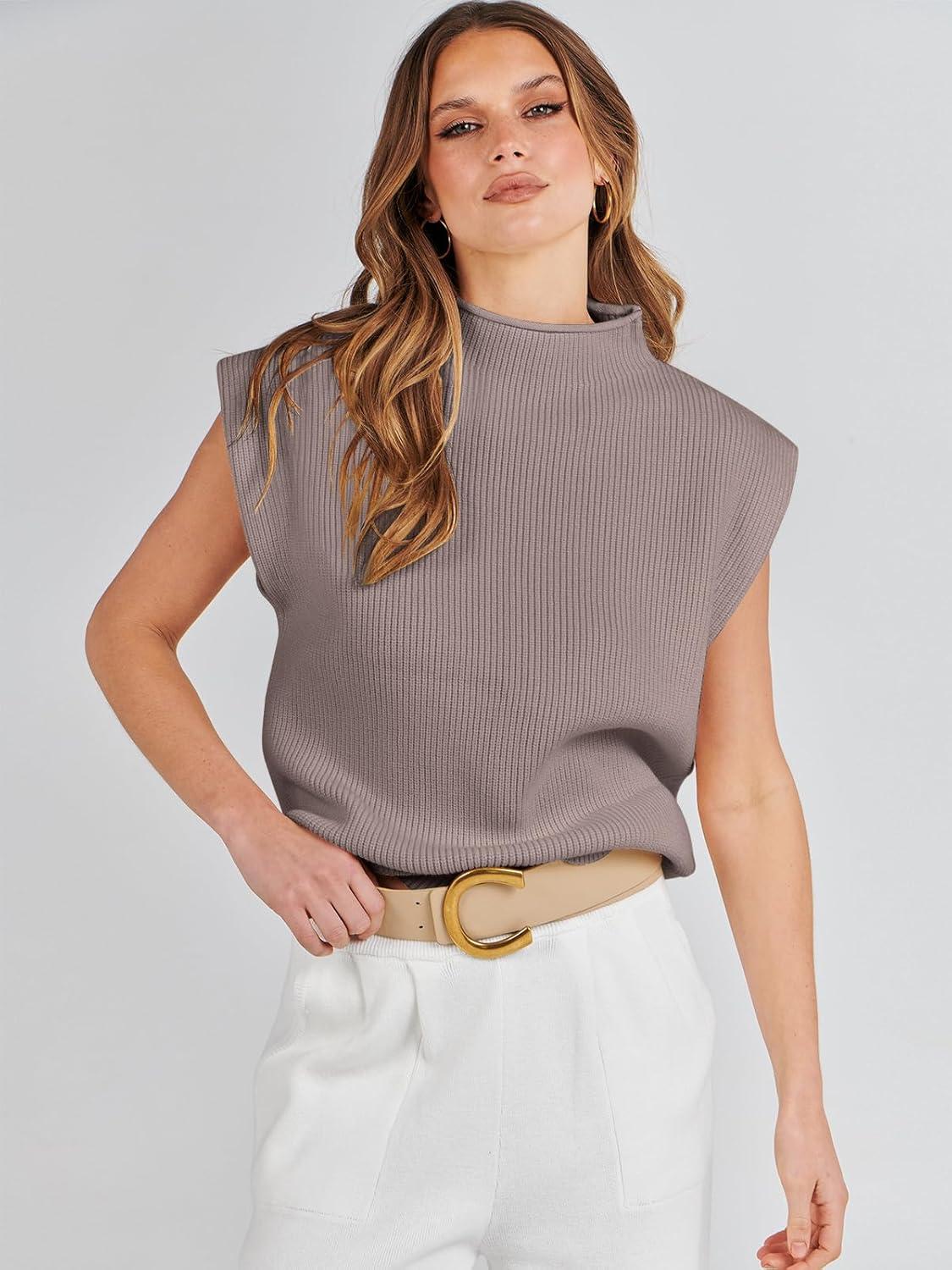 imageANRABESS Womens Mock Neck Sleeveless Sweater Vest Casual Cap Sleeve Knit Pullover Tank Tops 2025 Fall ClothesRed Apricot