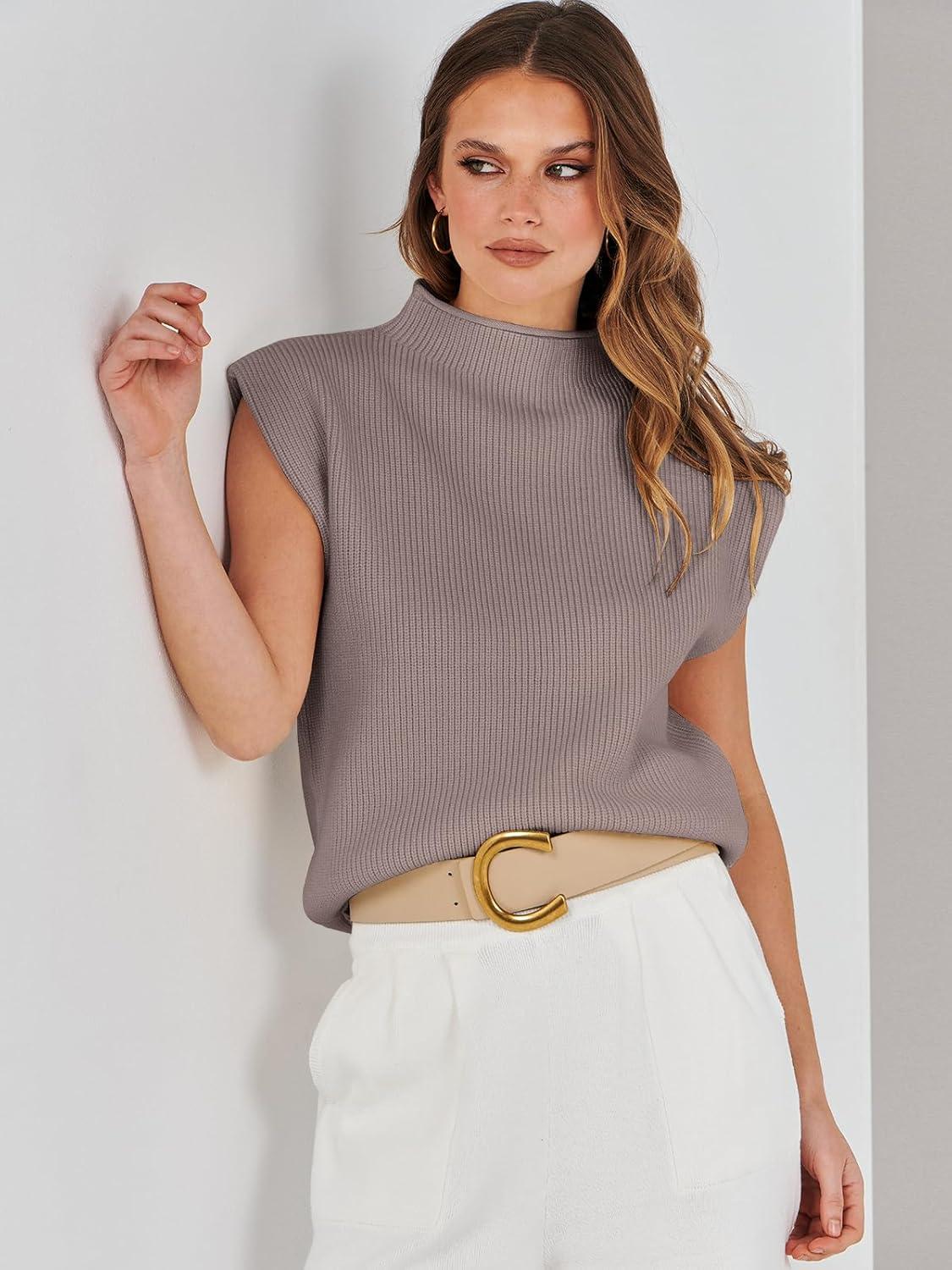 imageANRABESS Womens Mock Neck Sleeveless Sweater Vest Casual Cap Sleeve Knit Pullover Tank Tops 2025 Fall ClothesRed Apricot