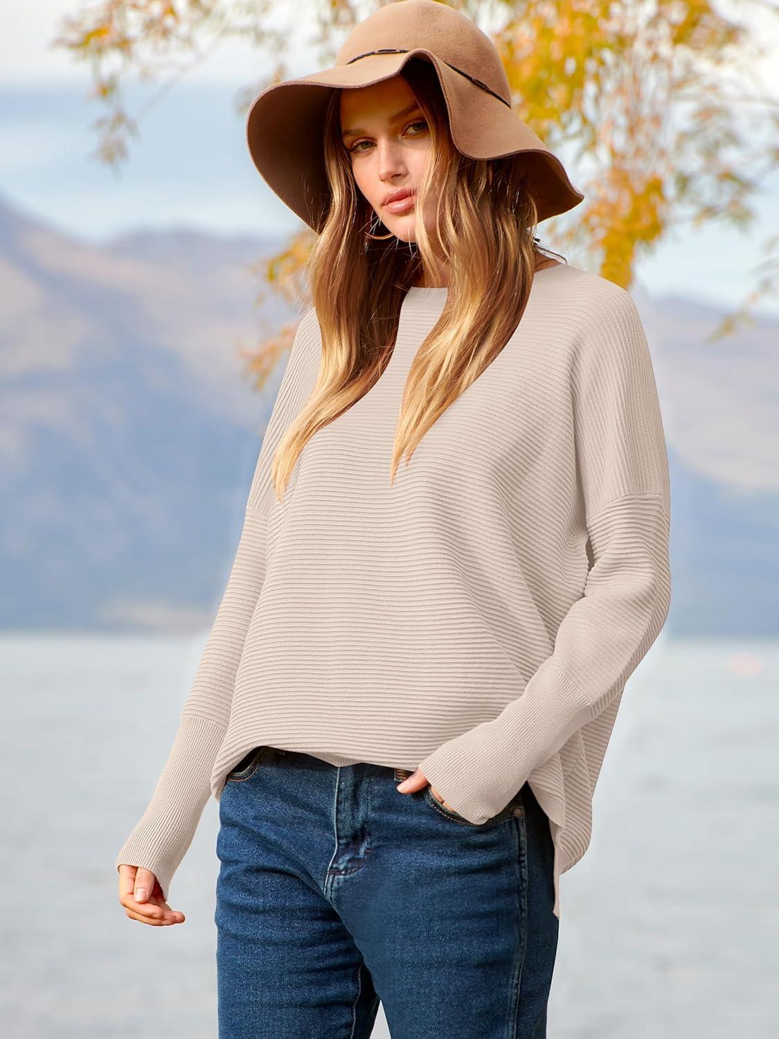 imageANRABESS Womens Oversized Batwing Long Sleeve Ribbed Knit Sweaters 2025 Fall OutfitsAlmond