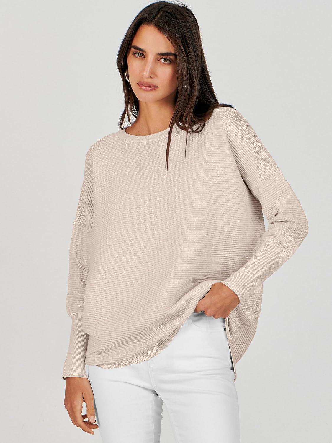 imageANRABESS Womens Oversized Batwing Long Sleeve Ribbed Knit Sweaters 2025 Fall OutfitsAlmond