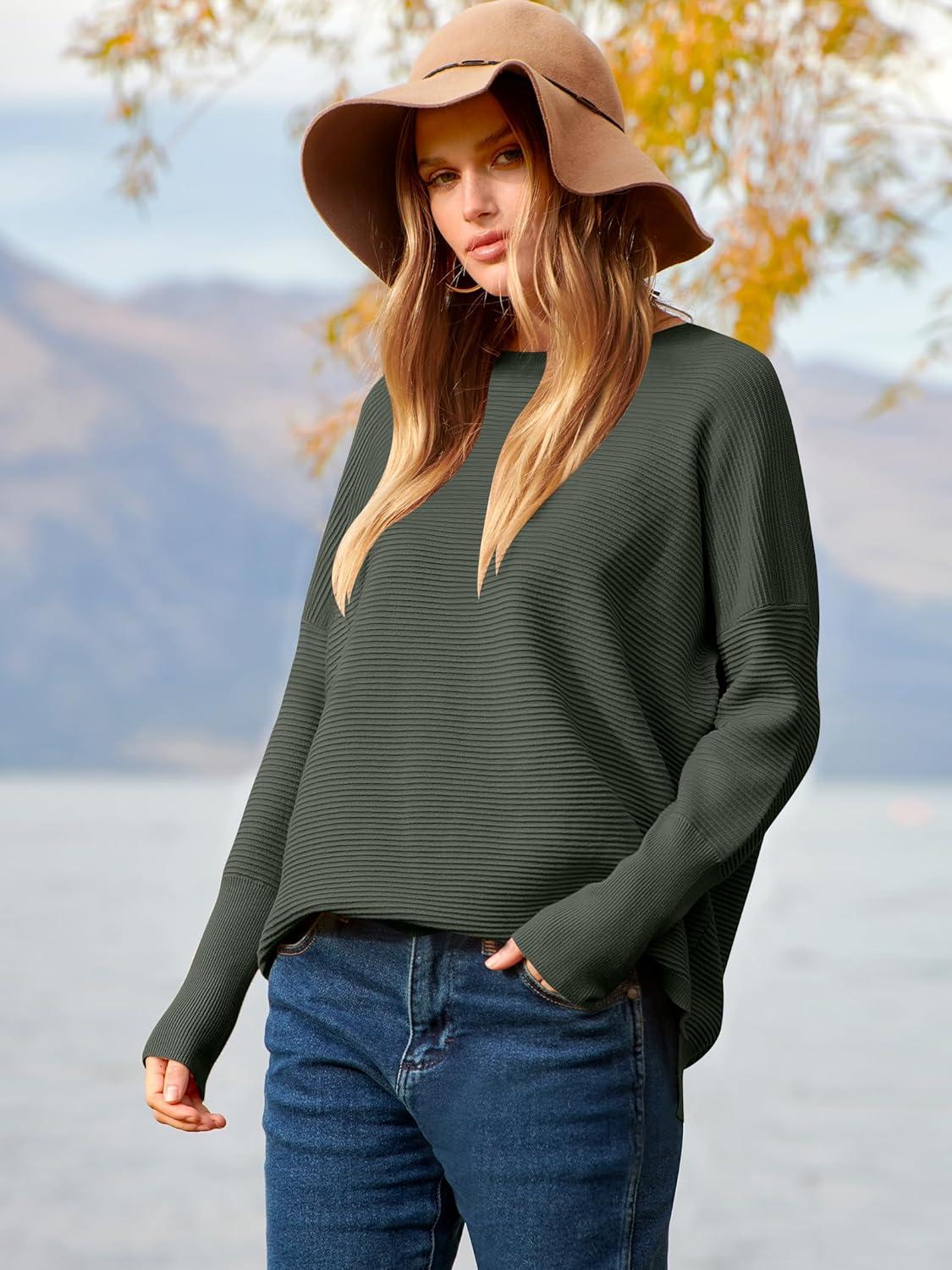 imageANRABESS Womens Oversized Batwing Long Sleeve Ribbed Knit Sweaters 2025 Fall OutfitsArmy Green