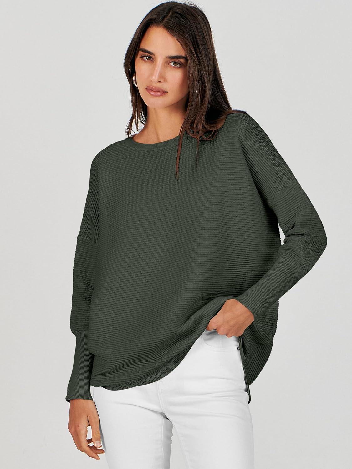 imageANRABESS Womens Oversized Batwing Long Sleeve Ribbed Knit Sweaters 2025 Fall OutfitsArmy Green