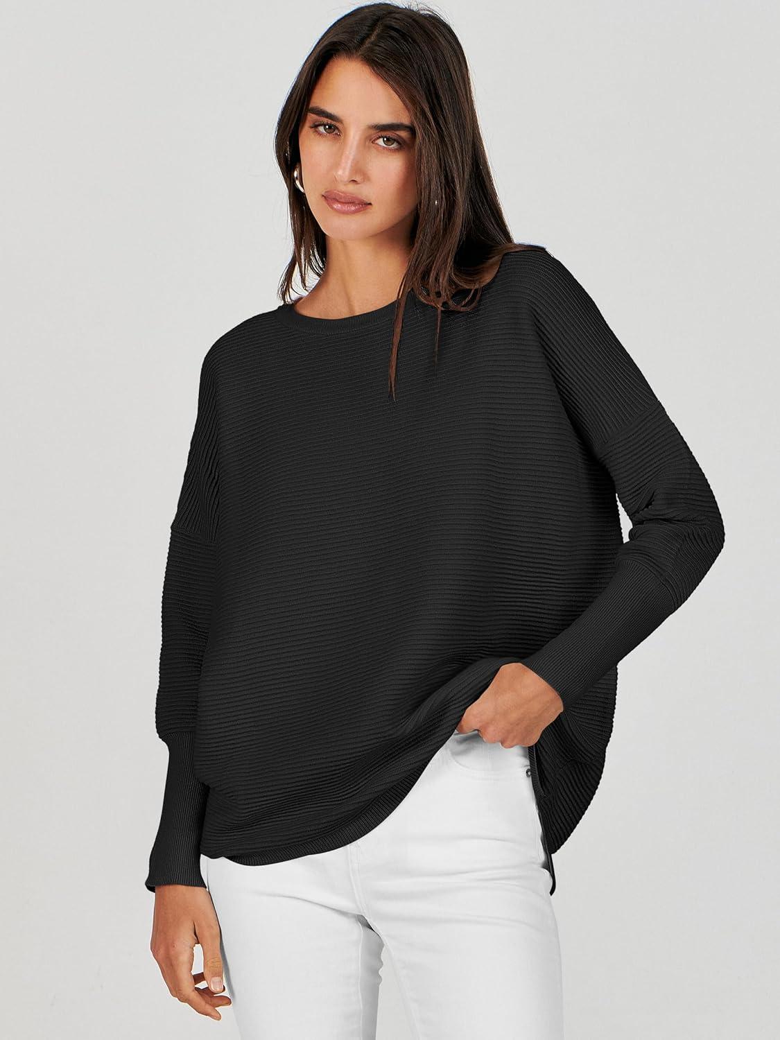 imageANRABESS Womens Oversized Batwing Long Sleeve Ribbed Knit Sweaters 2025 Fall OutfitsBlack