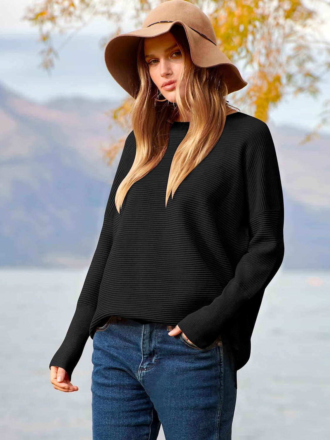 imageANRABESS Womens Oversized Batwing Long Sleeve Ribbed Knit Sweaters 2025 Fall OutfitsBlack