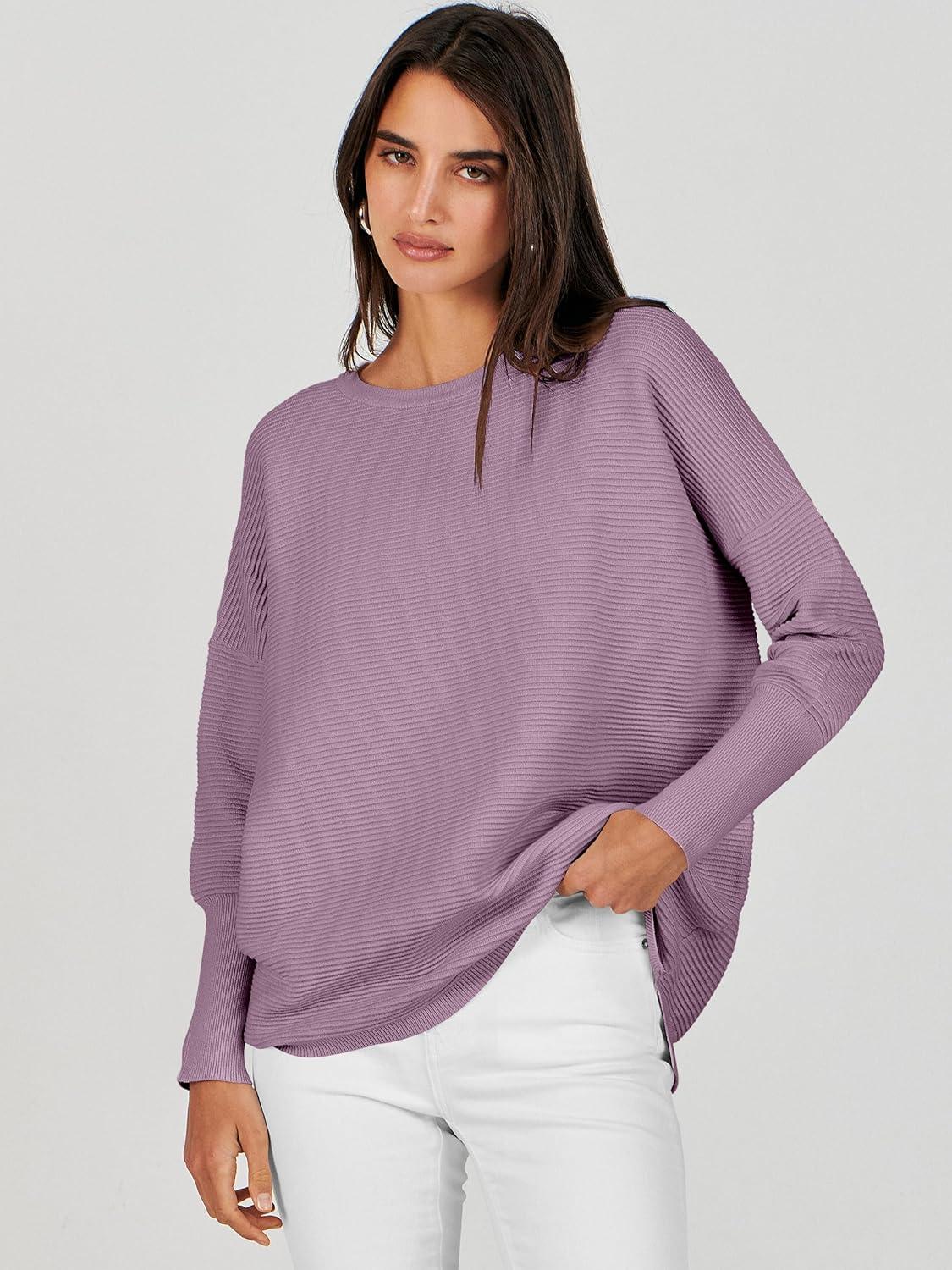 imageANRABESS Womens Oversized Batwing Long Sleeve Ribbed Knit Sweaters 2025 Fall OutfitsLight Purple
