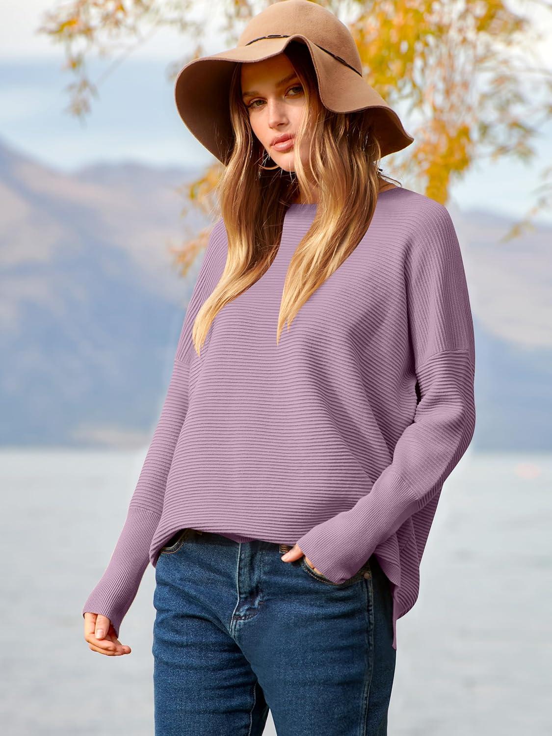 imageANRABESS Womens Oversized Batwing Long Sleeve Ribbed Knit Sweaters 2025 Fall OutfitsLight Purple