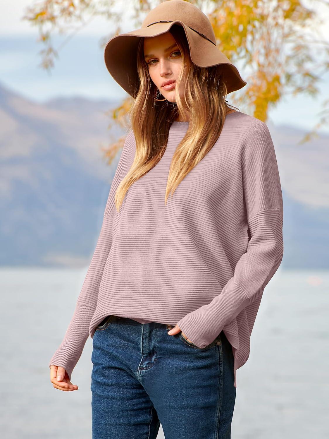 imageANRABESS Womens Oversized Batwing Long Sleeve Ribbed Knit Sweaters 2025 Fall OutfitsPink