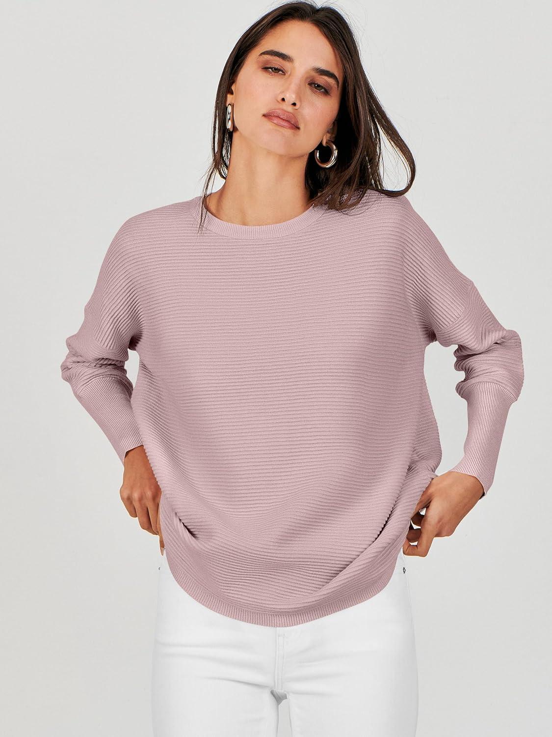 imageANRABESS Womens Oversized Batwing Long Sleeve Ribbed Knit Sweaters 2025 Fall OutfitsPink