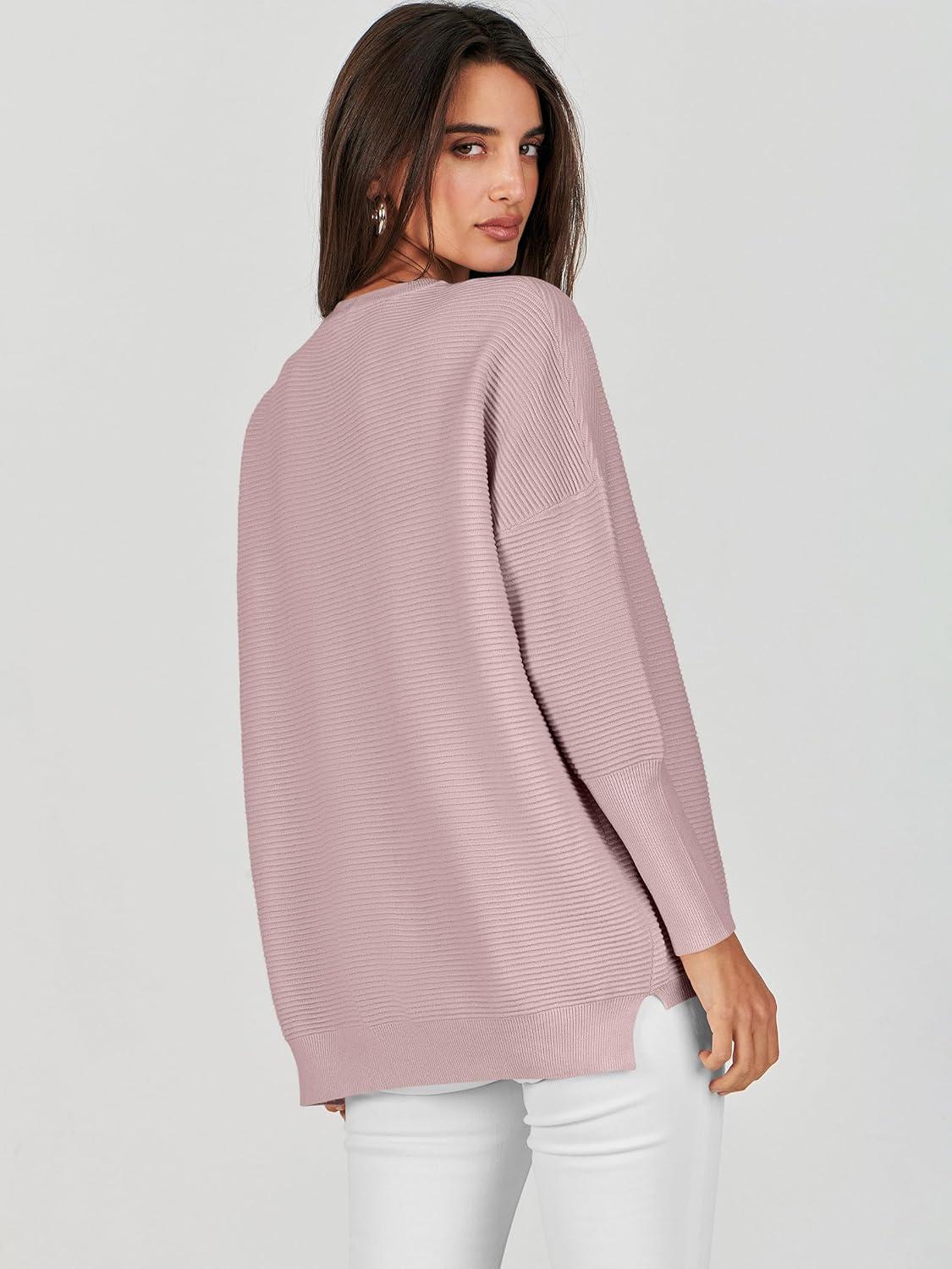 imageANRABESS Womens Oversized Batwing Long Sleeve Ribbed Knit Sweaters 2025 Fall OutfitsPink