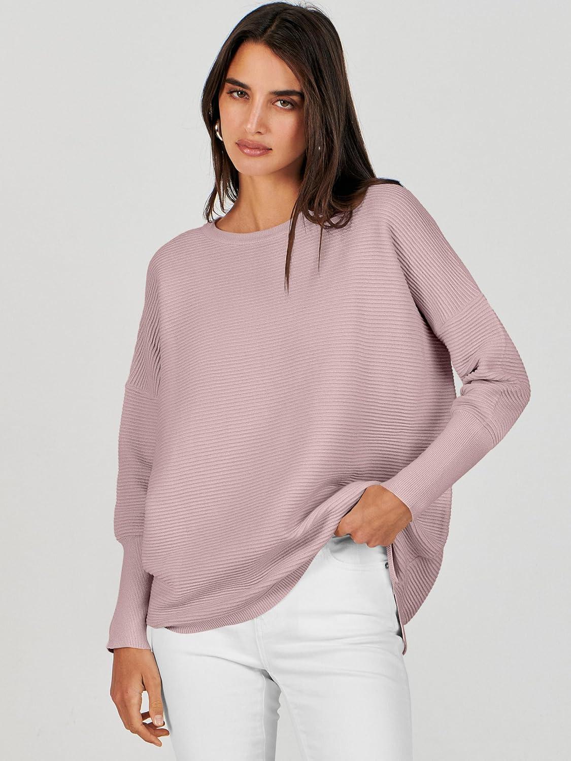 imageANRABESS Womens Oversized Batwing Long Sleeve Ribbed Knit Sweaters 2025 Fall OutfitsPink